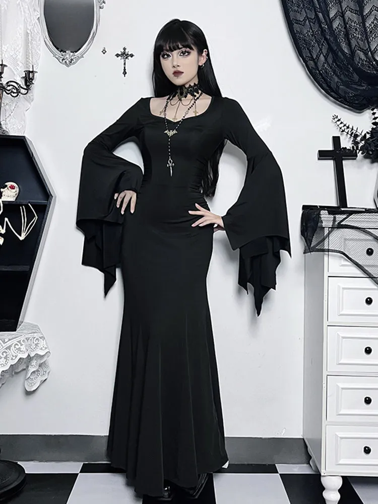 Halloween Vintage Witch Neck Sheath Formal Long Sleeve Batwing Evening V Mermaid Gown