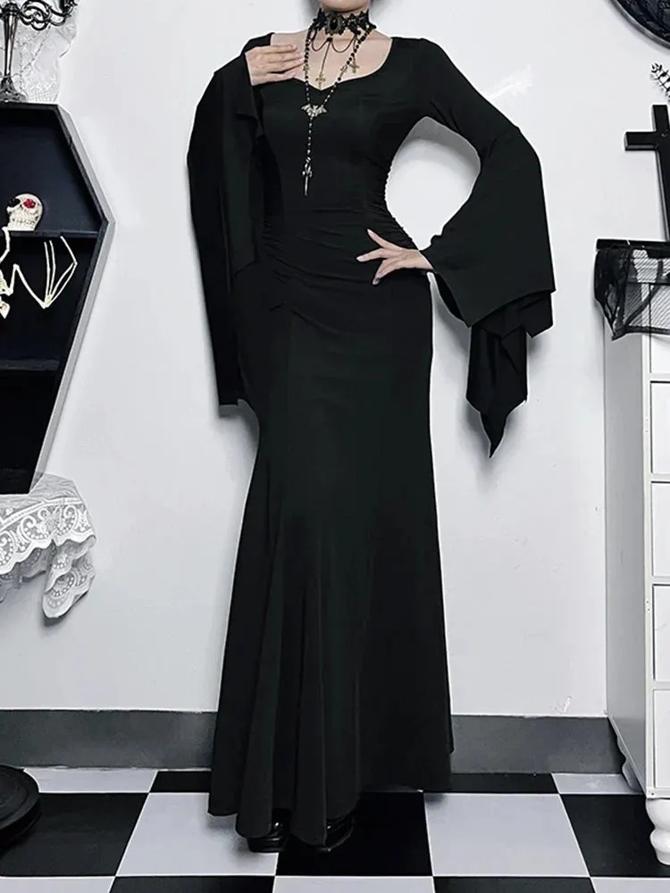 Halloween Vintage Witch Neck Sheath Formal Long Sleeve Batwing Evening V Mermaid Gown