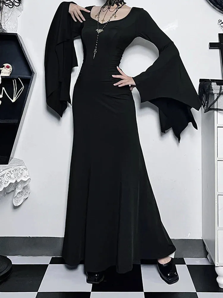 Halloween Vintage Witch Neck Sheath Formal Long Sleeve Batwing Evening V Mermaid Gown