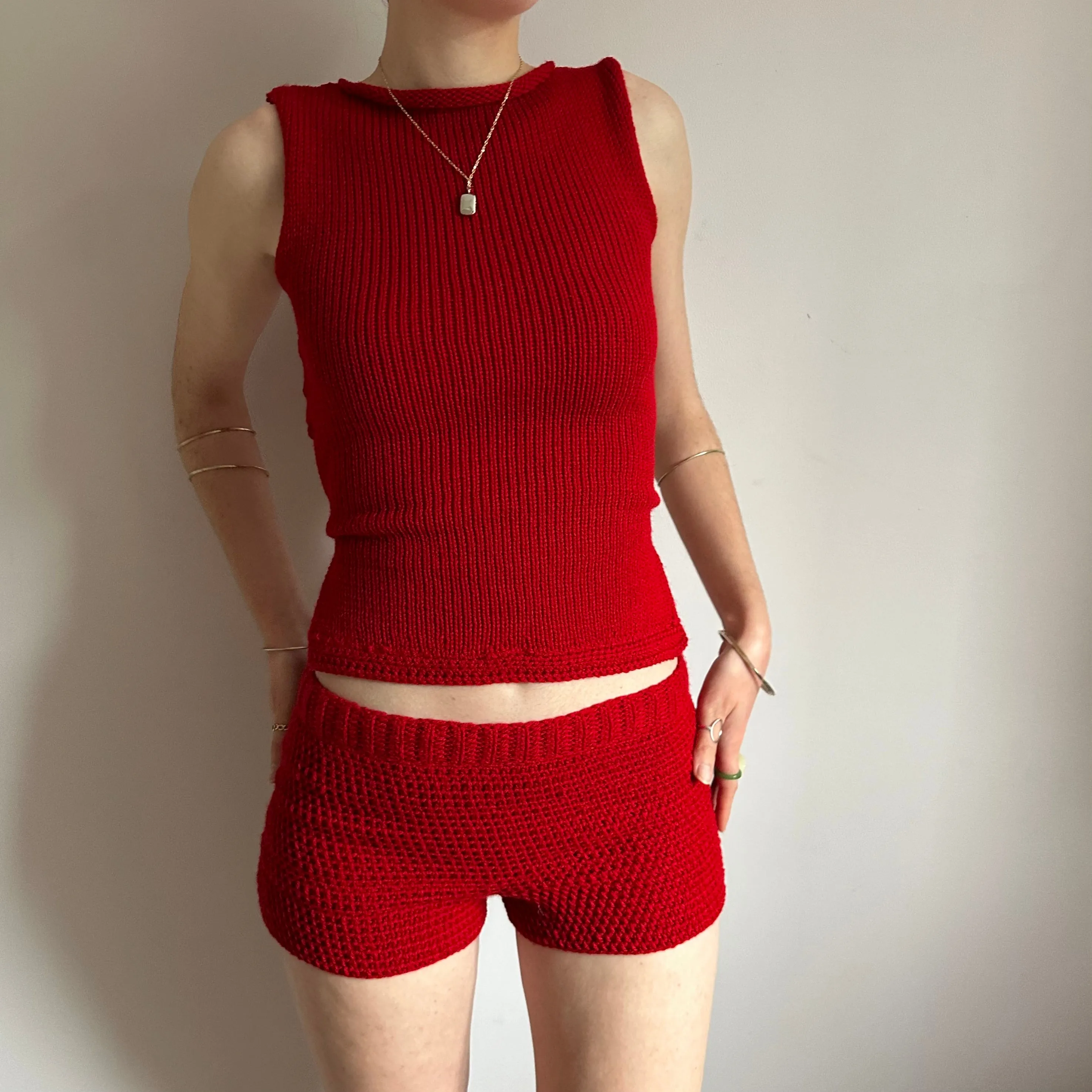 Handmade dark red bow tie up knitted tank top