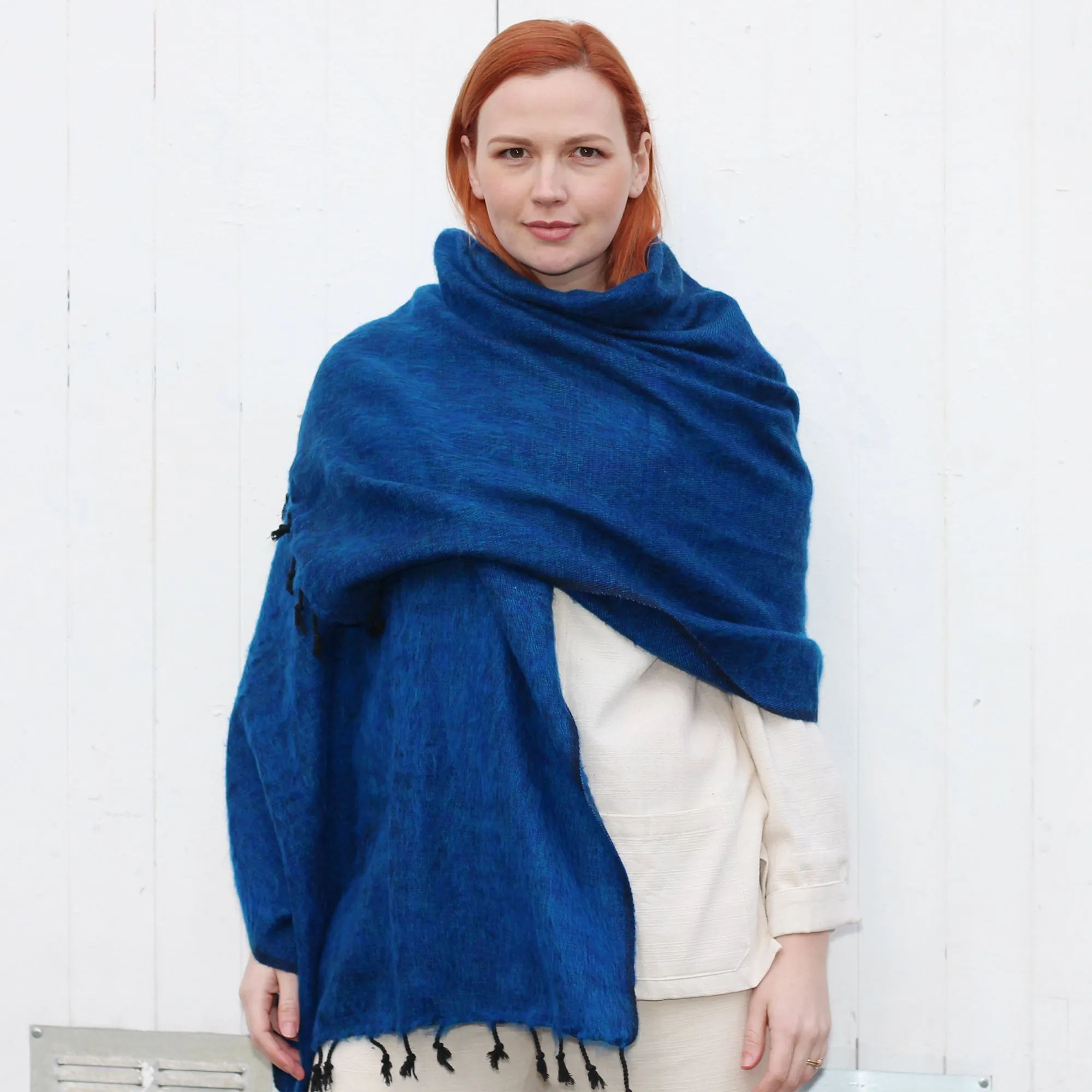 Handmade Nepalese 'Yak Wool' Shawl Deep Blue Turquoise Oversized Scarf / Yoga Blanket