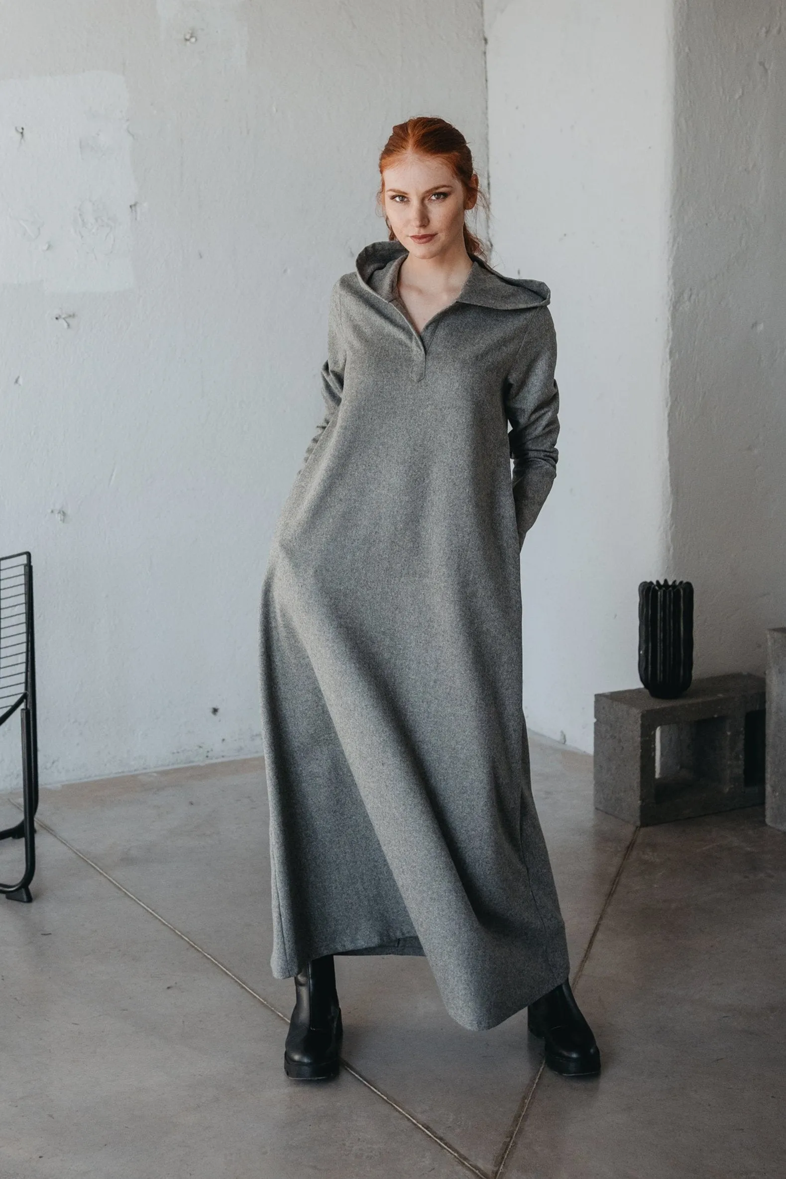 Hooded Wool Maxi Dress