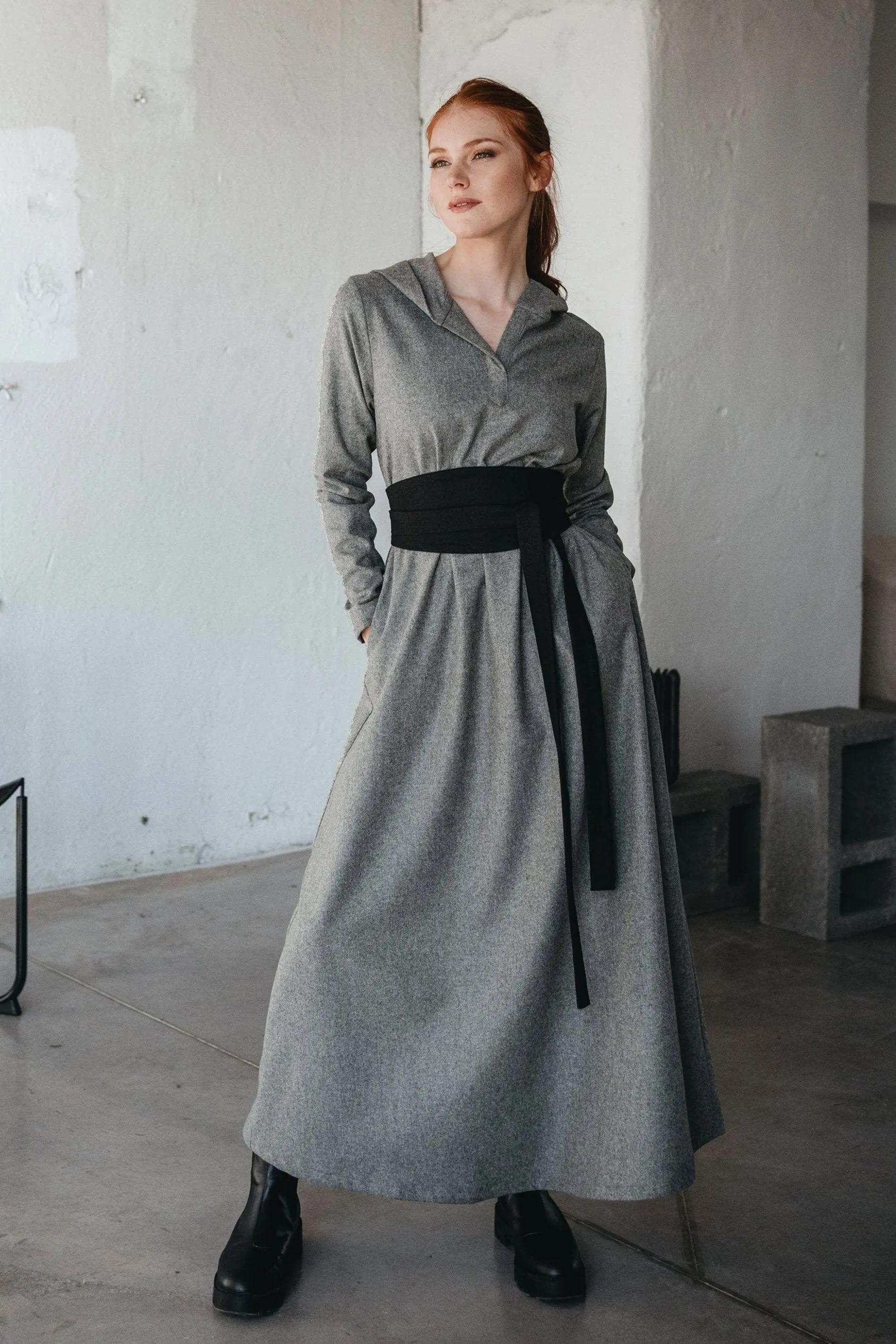 Hooded Wool Maxi Dress