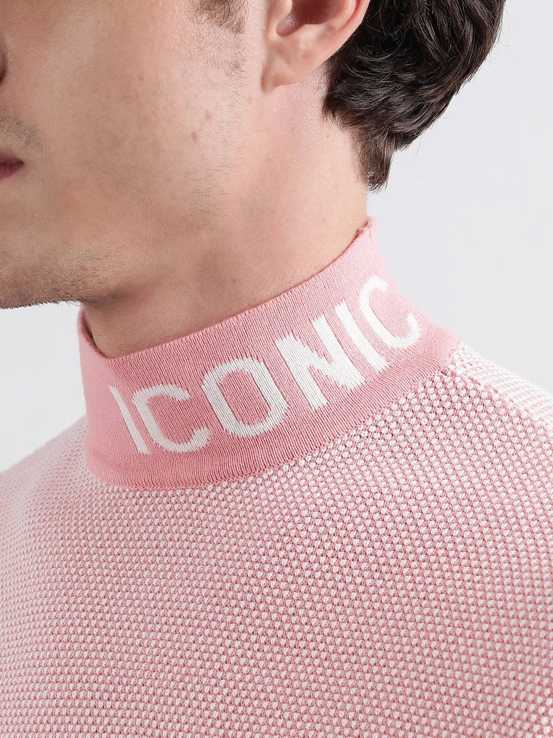 Iconic Men Pink Knitted High Neck Full Sleeves Pullover Style Sweater