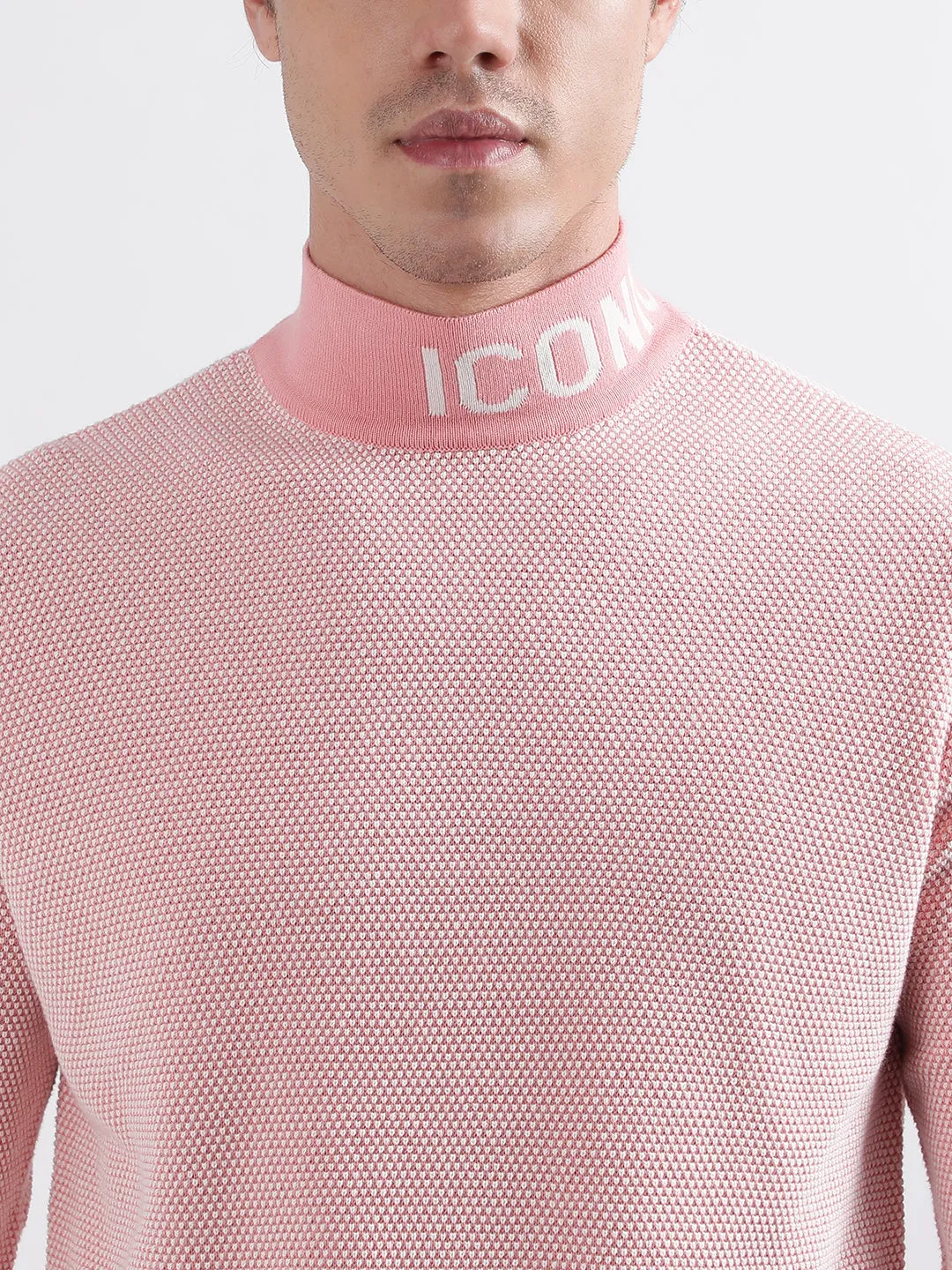 Iconic Men Pink Knitted High Neck Full Sleeves Pullover Style Sweater