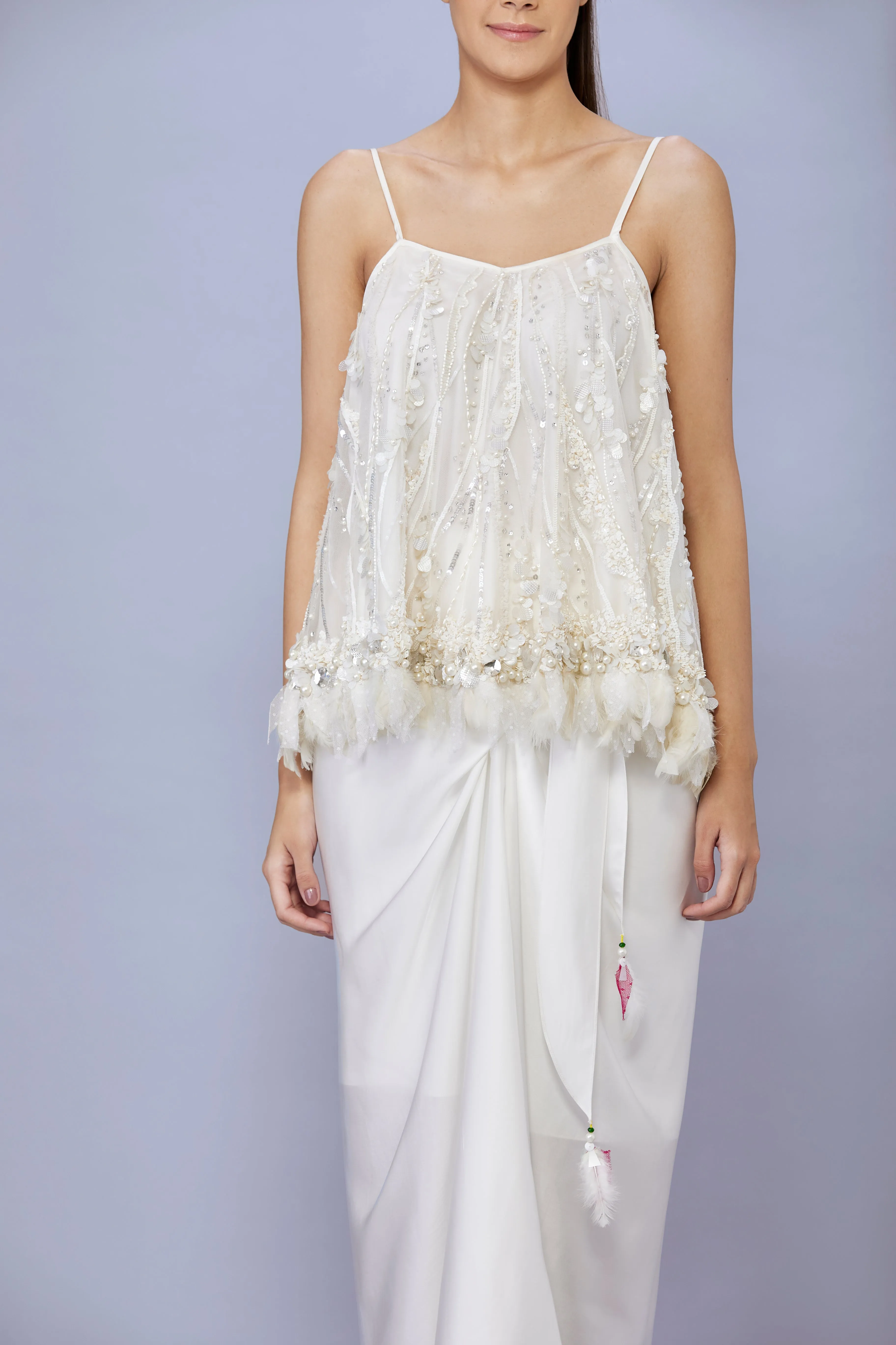 Ivory sequins-feather hem camisole