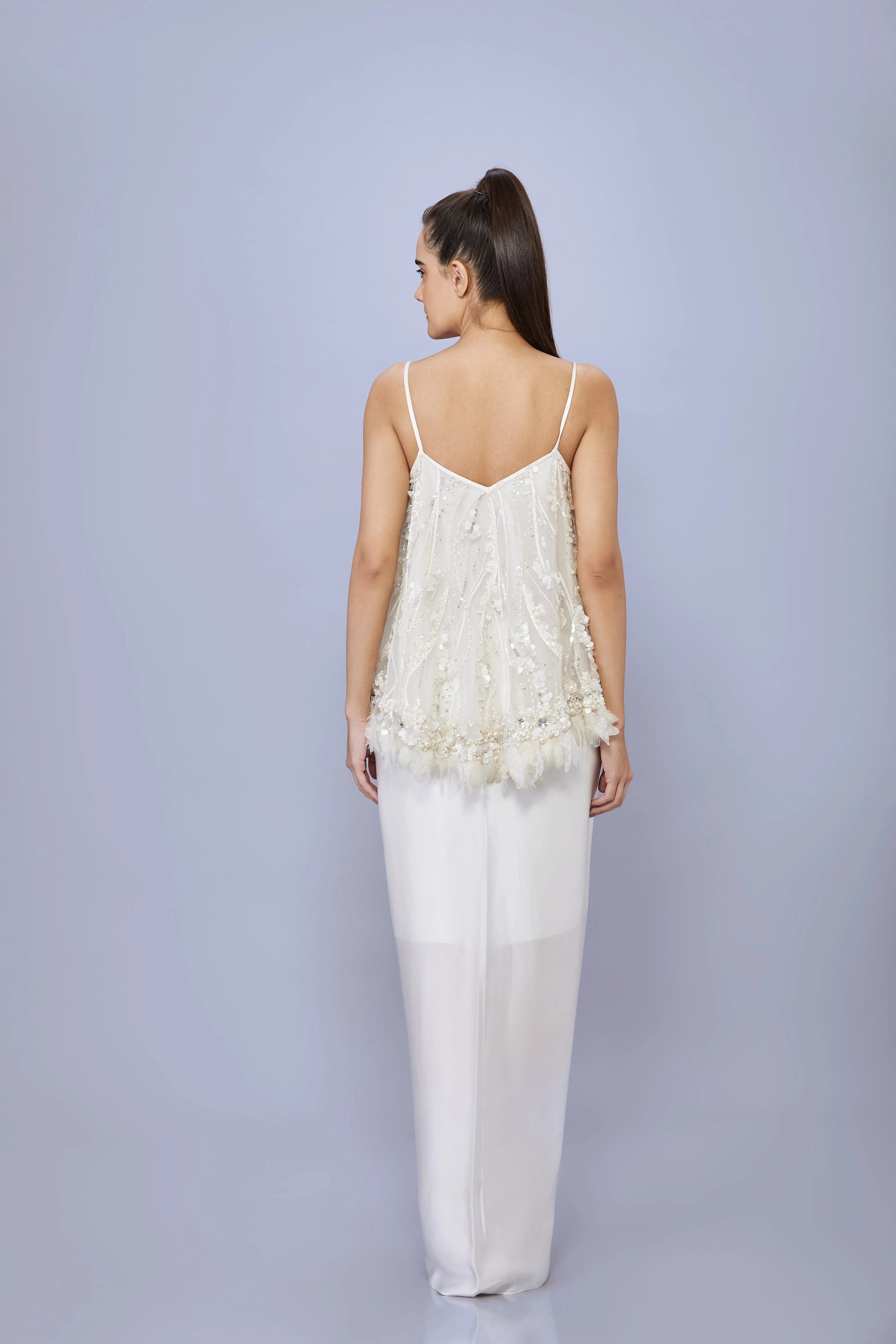 Ivory sequins-feather hem camisole