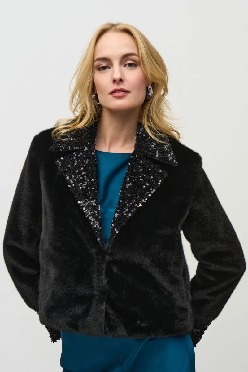 Joseph Ribkoff Black Sequined Faux Fur Jacket 244920