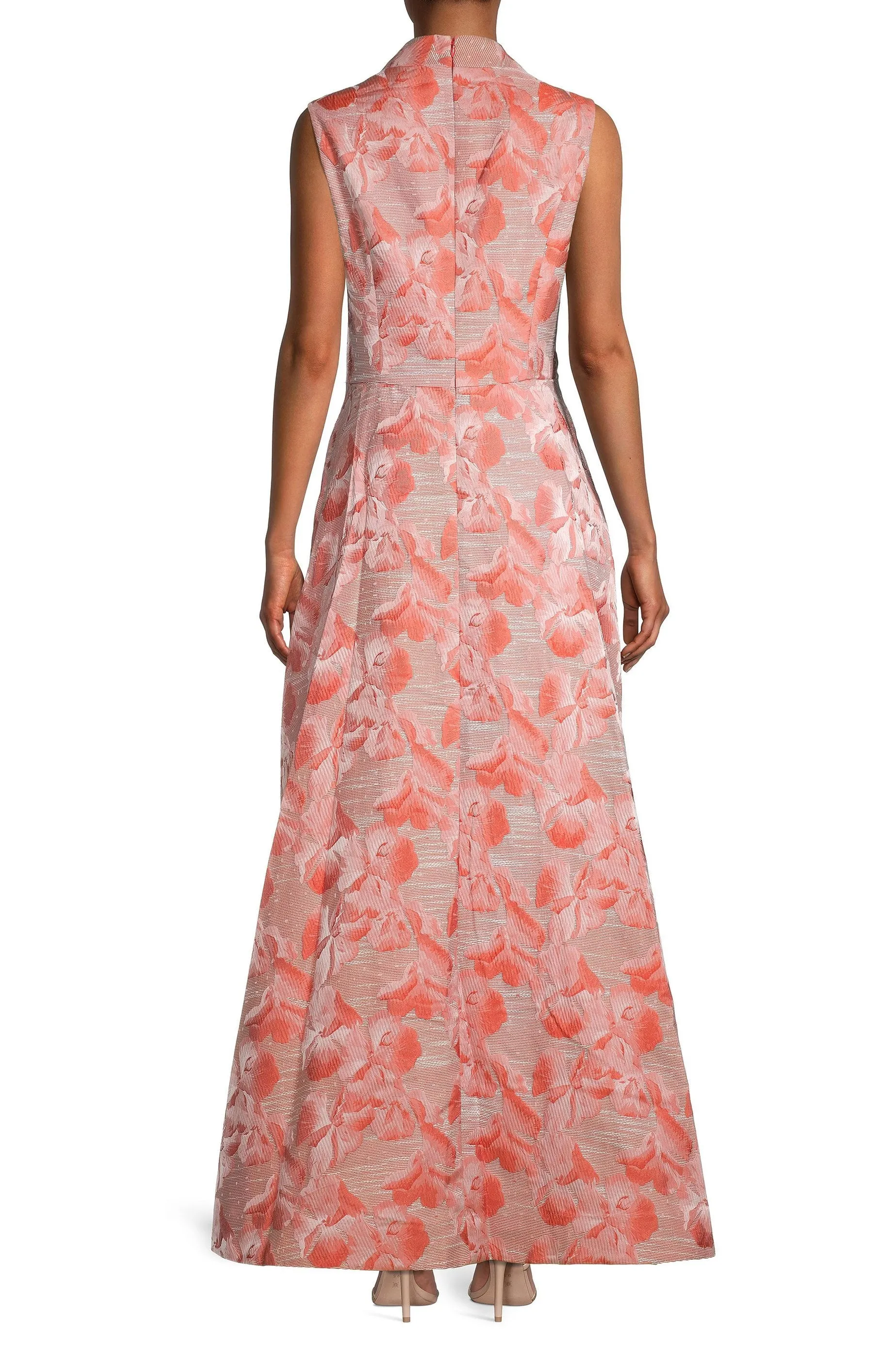 Kay Unger Swan Neckline Sleeveless Pleated A-line Zipper Closure Floral Stripe Jacquard Gown With Pockets