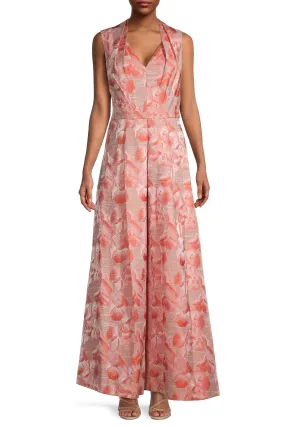 Kay Unger Swan Neckline Sleeveless Pleated A-line Zipper Closure Floral Stripe Jacquard Gown With Pockets