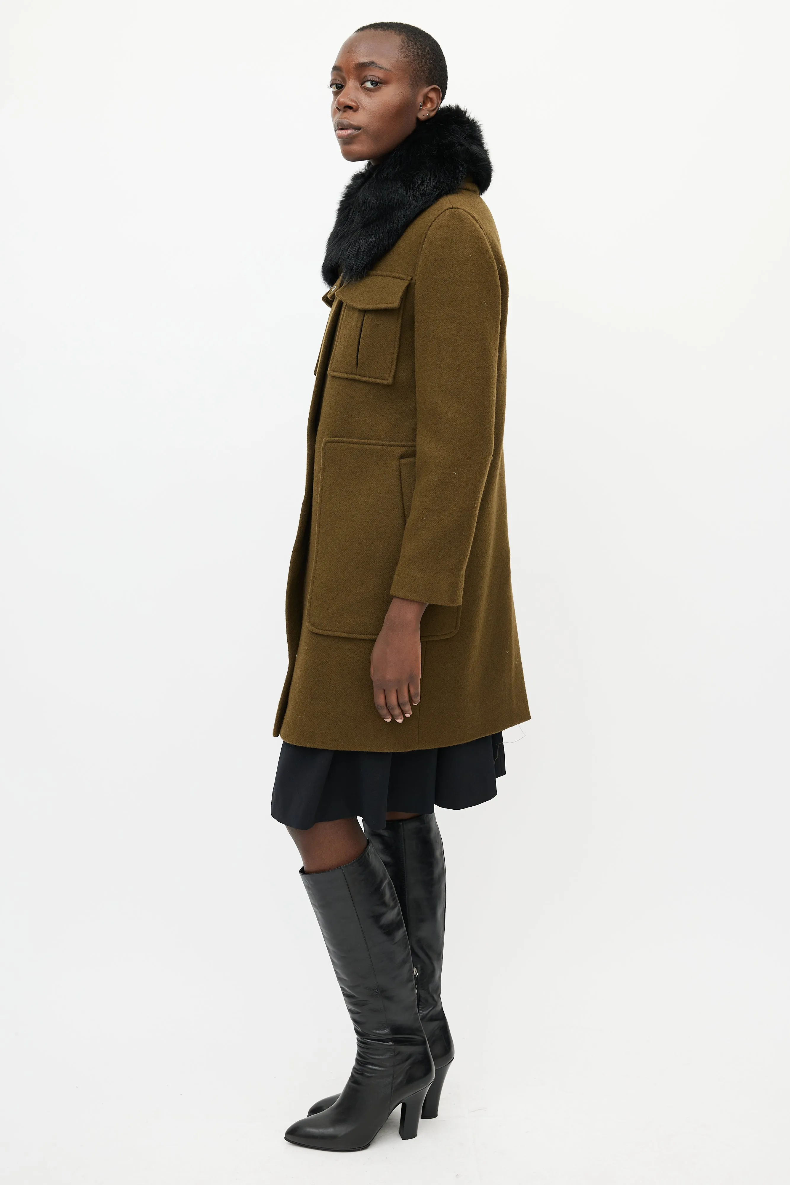 Khaki Green & Black Fur Collar Coat