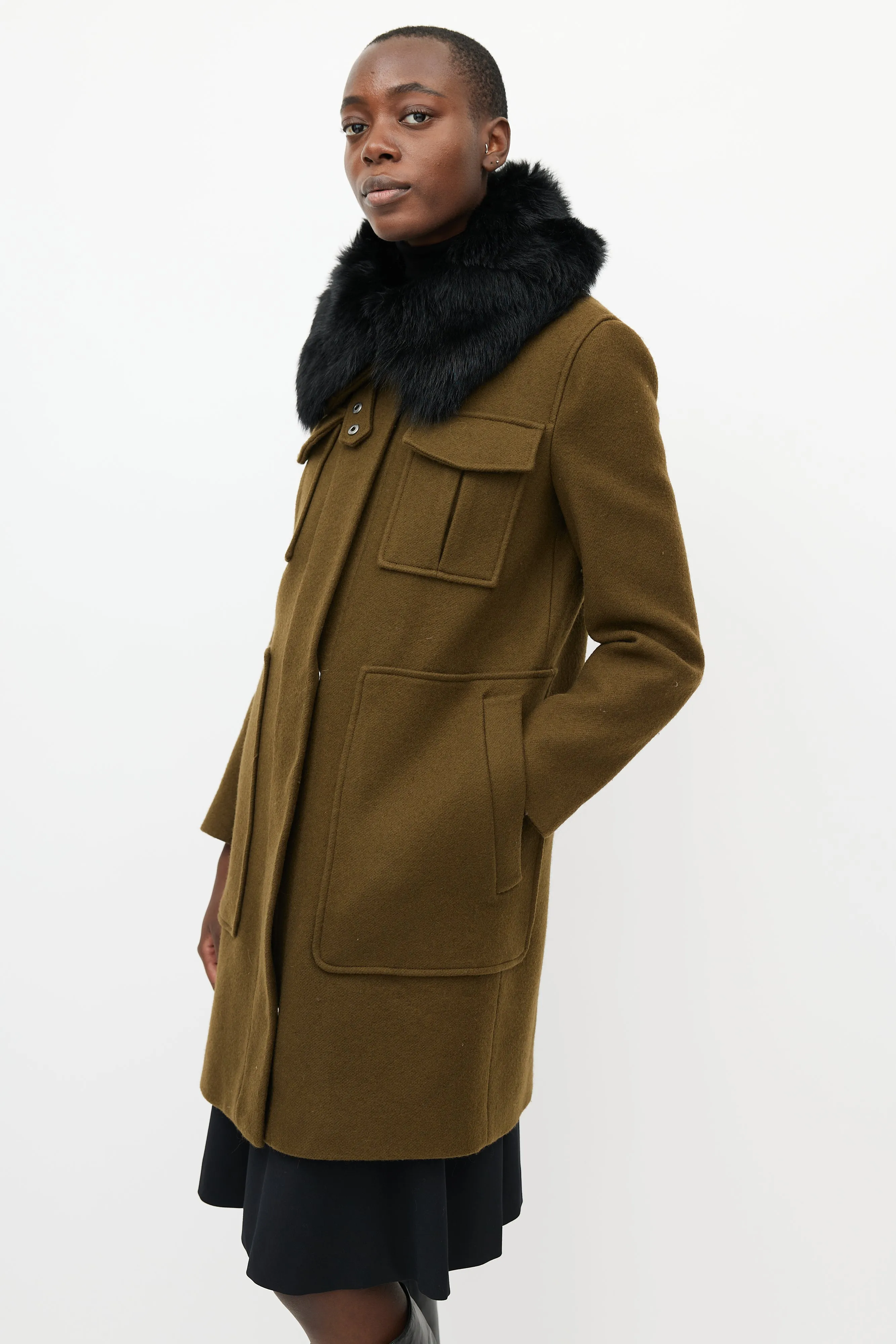 Khaki Green & Black Fur Collar Coat