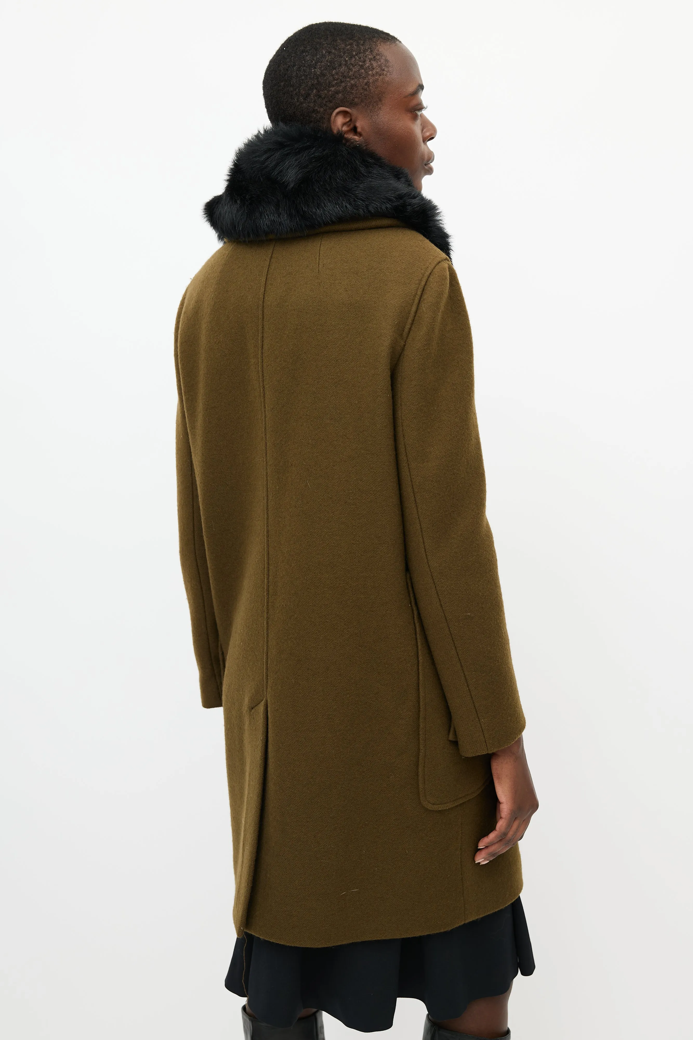 Khaki Green & Black Fur Collar Coat