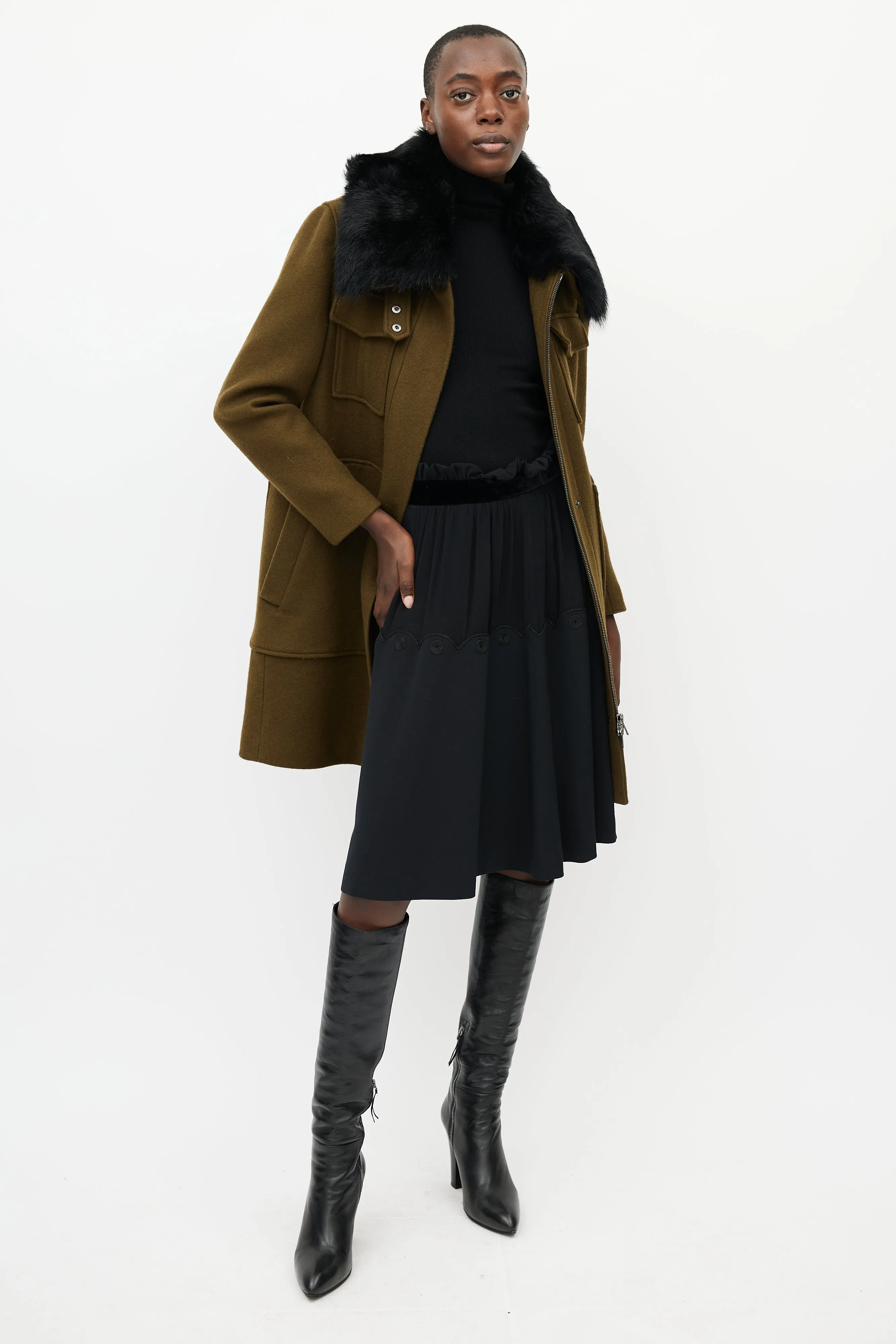 Khaki Green & Black Fur Collar Coat