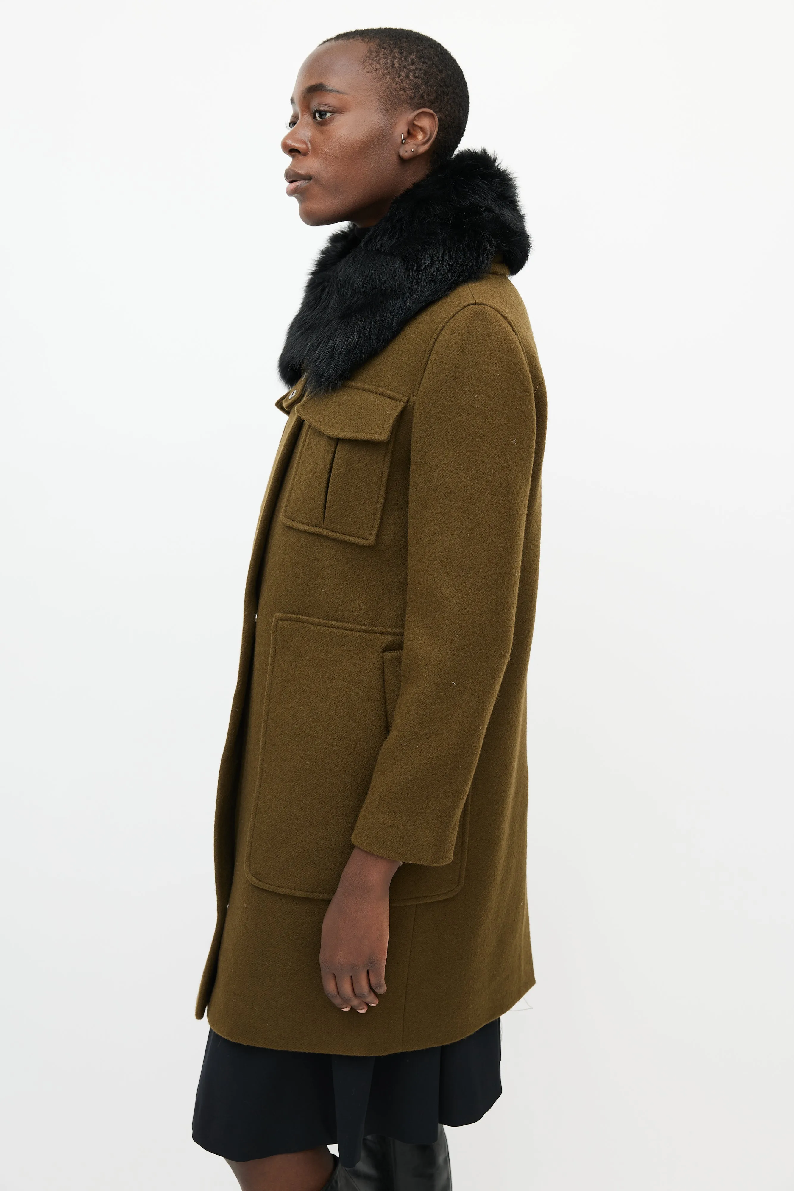 Khaki Green & Black Fur Collar Coat