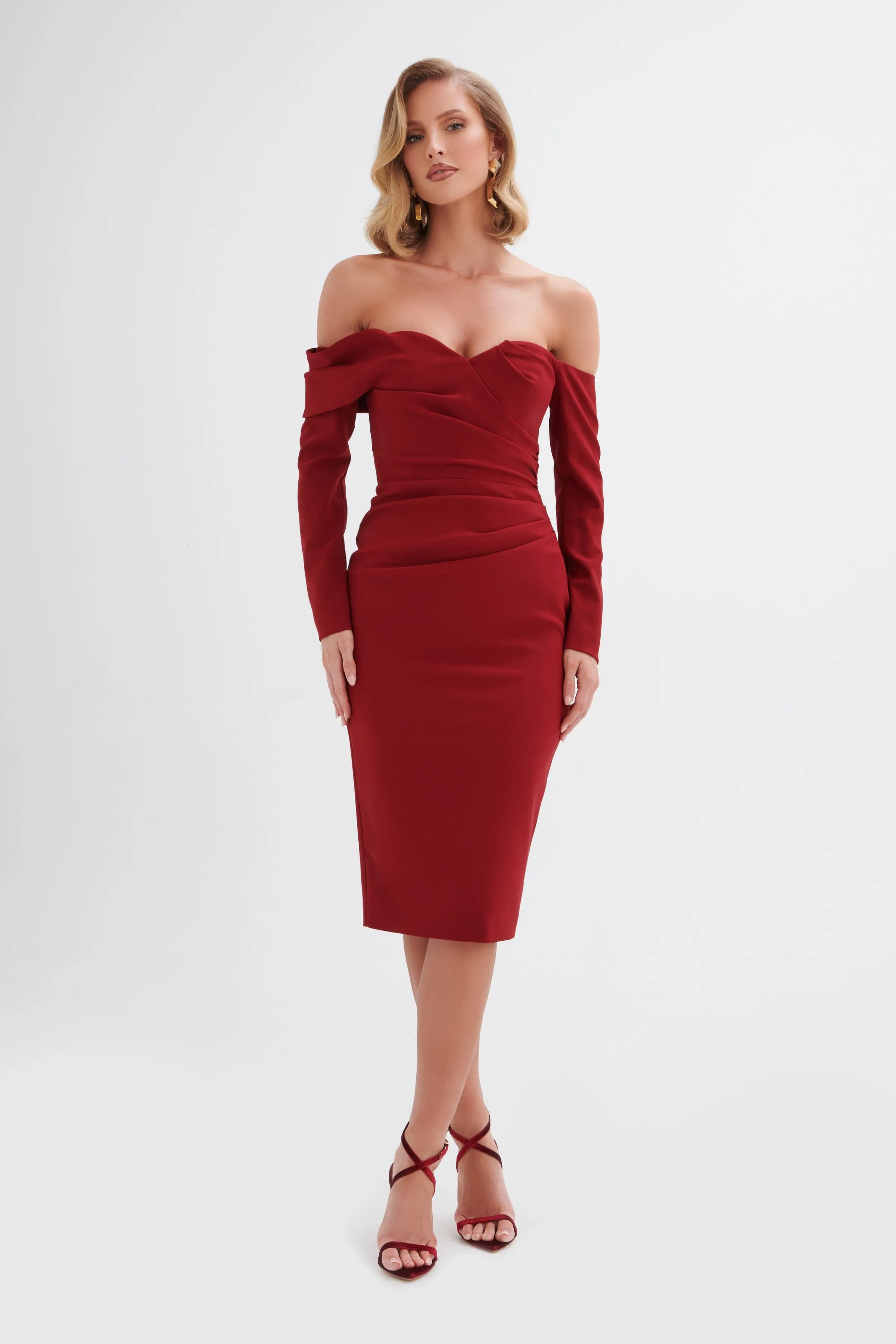 KIARA Sweetheart Neckline Bardot Midi Dress In Burgundy