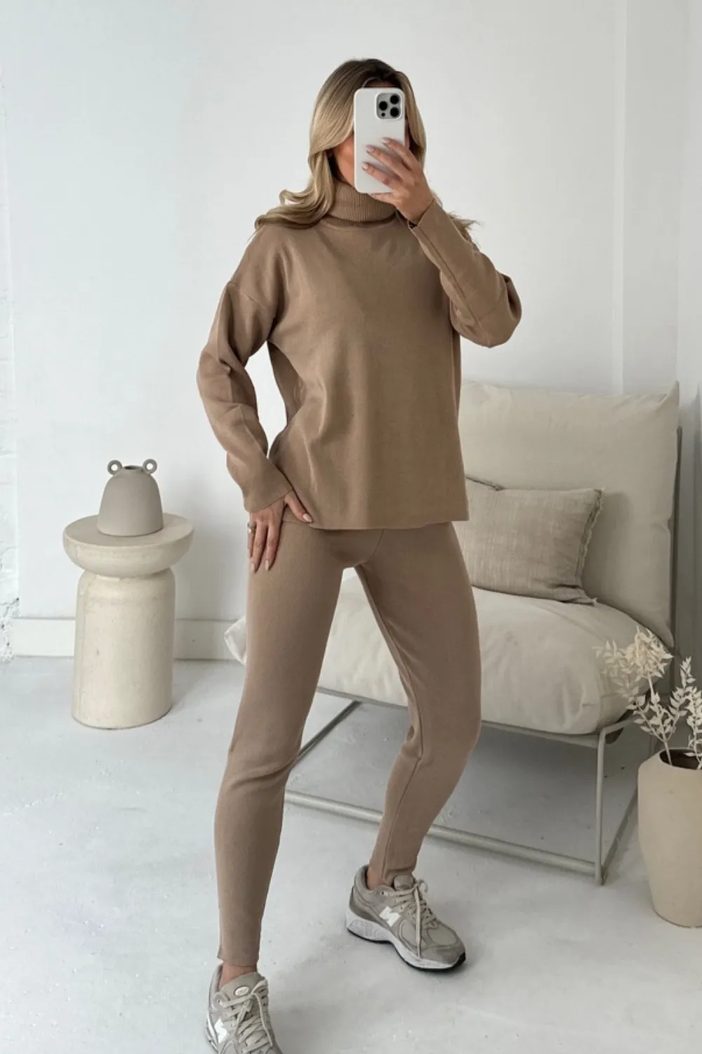 Lacey camel knitted polo neck and jogger loungewear