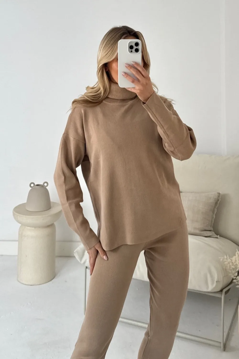 Lacey camel knitted polo neck and jogger loungewear