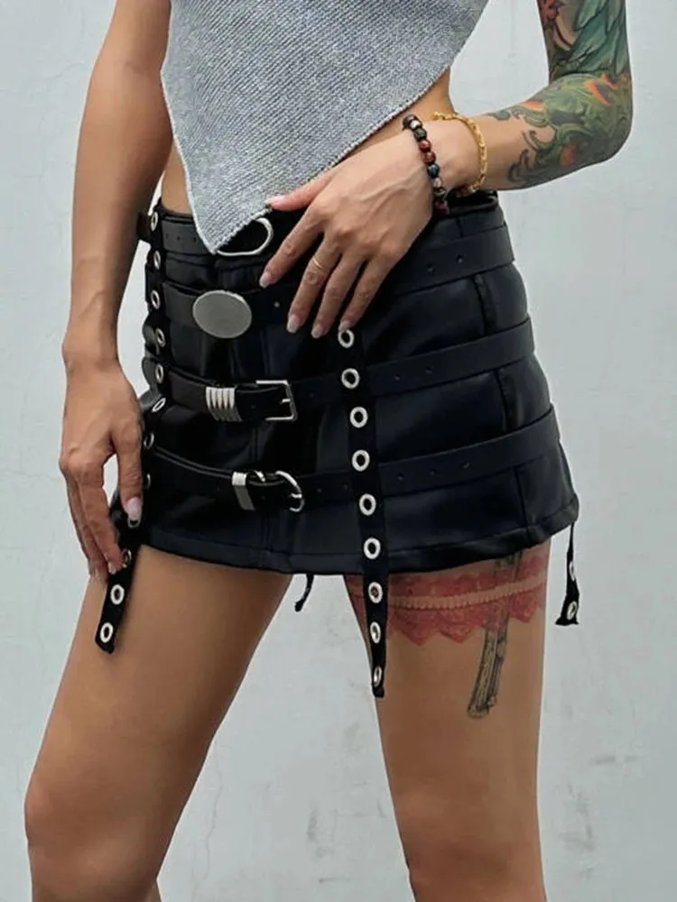 Leather Mini Skirts For Women High Waist Patchwork More Than A Belt Summer Denim Skirt Female Fashion Style