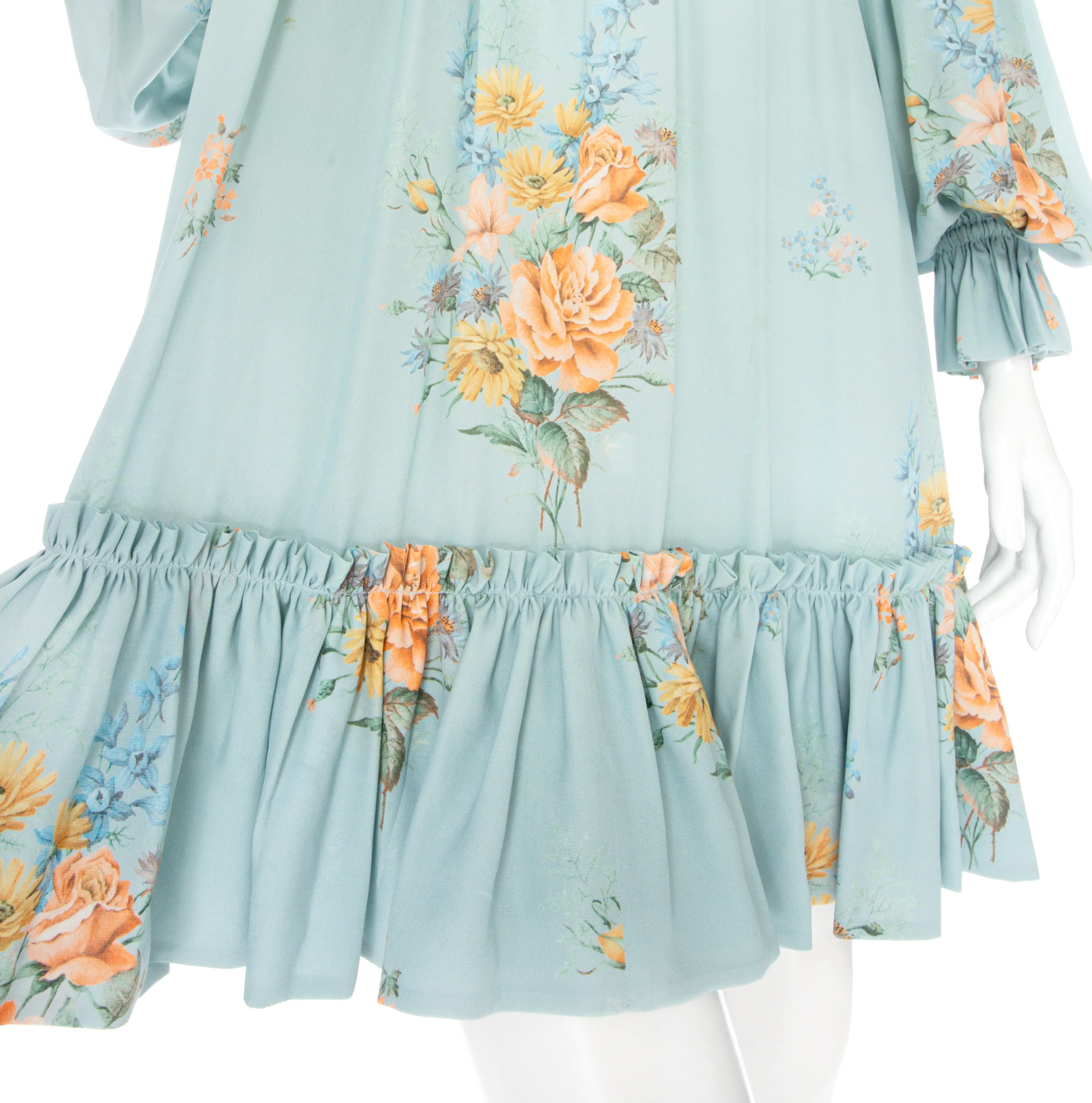 Light Blue Silk Floral Print Off Shoulder Dress