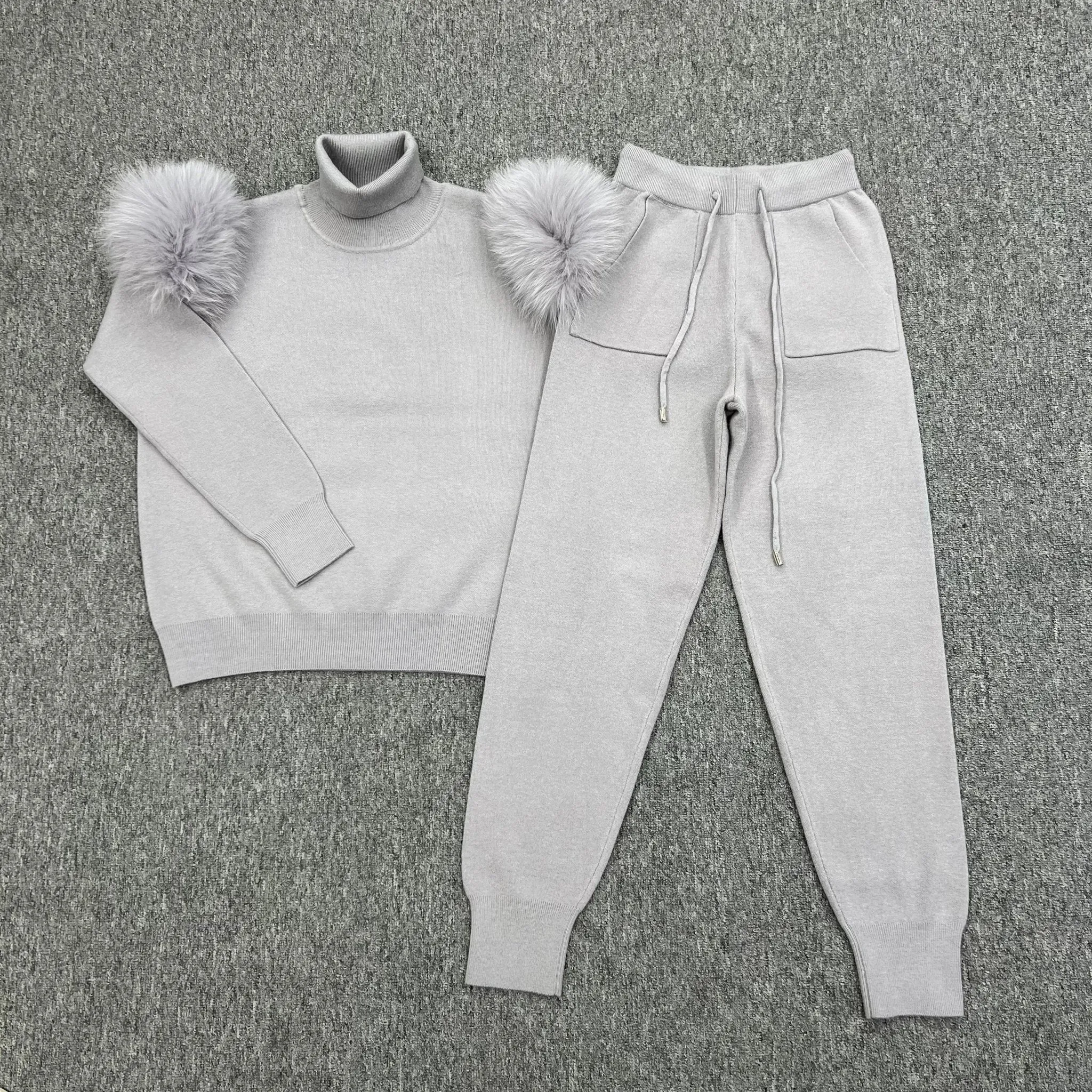 Light Grey Luxury Fur Roll Neck Jogger Tracksuit