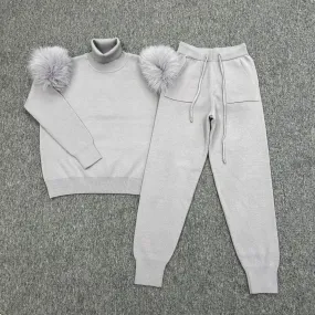 Light Grey Luxury Fur Roll Neck Jogger Tracksuit