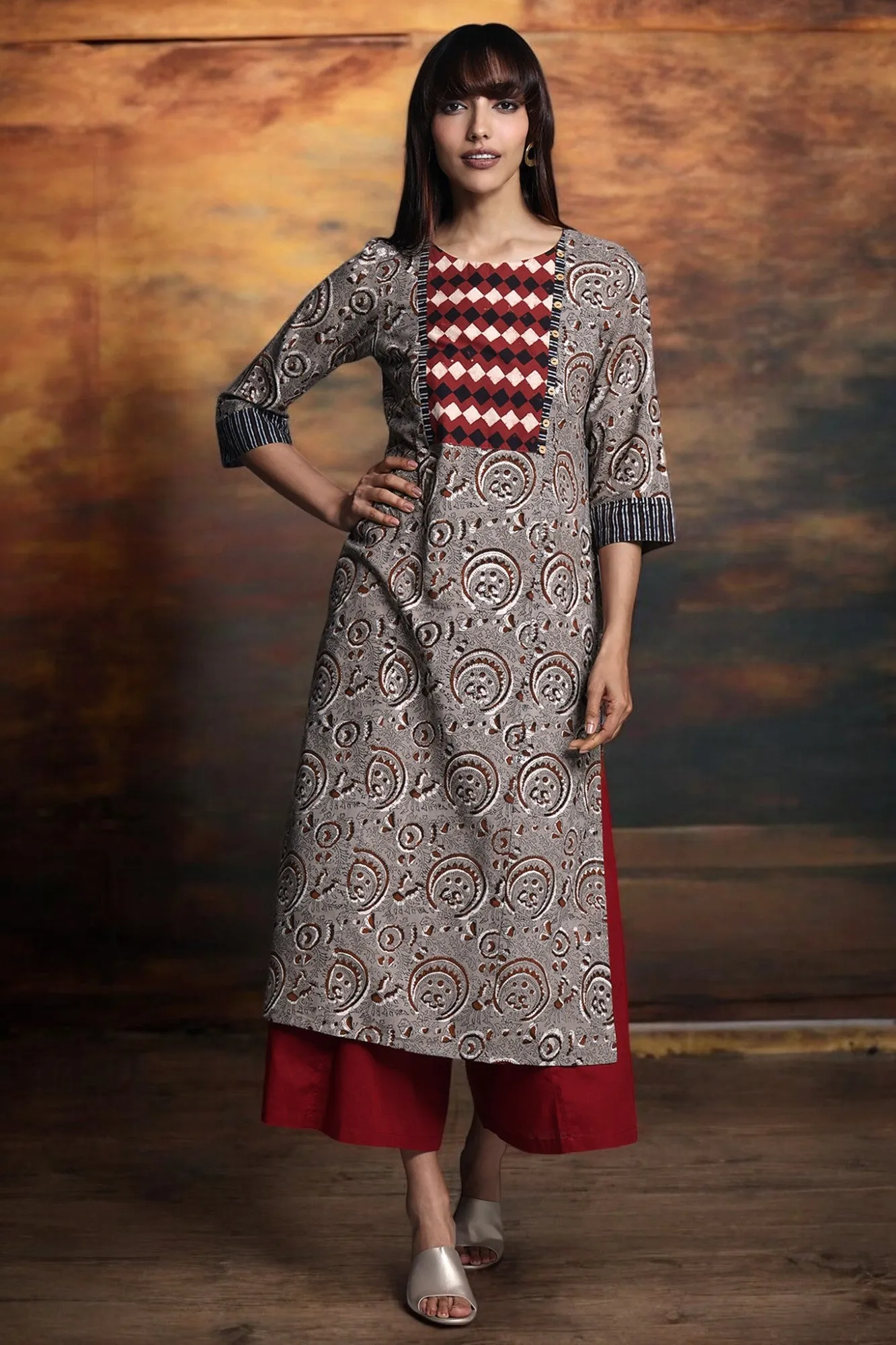 long kurta with yoke - ash petal & redwood hues