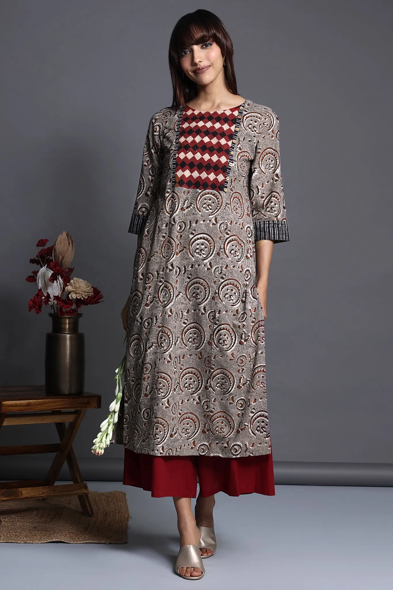 long kurta with yoke - ash petal & redwood hues