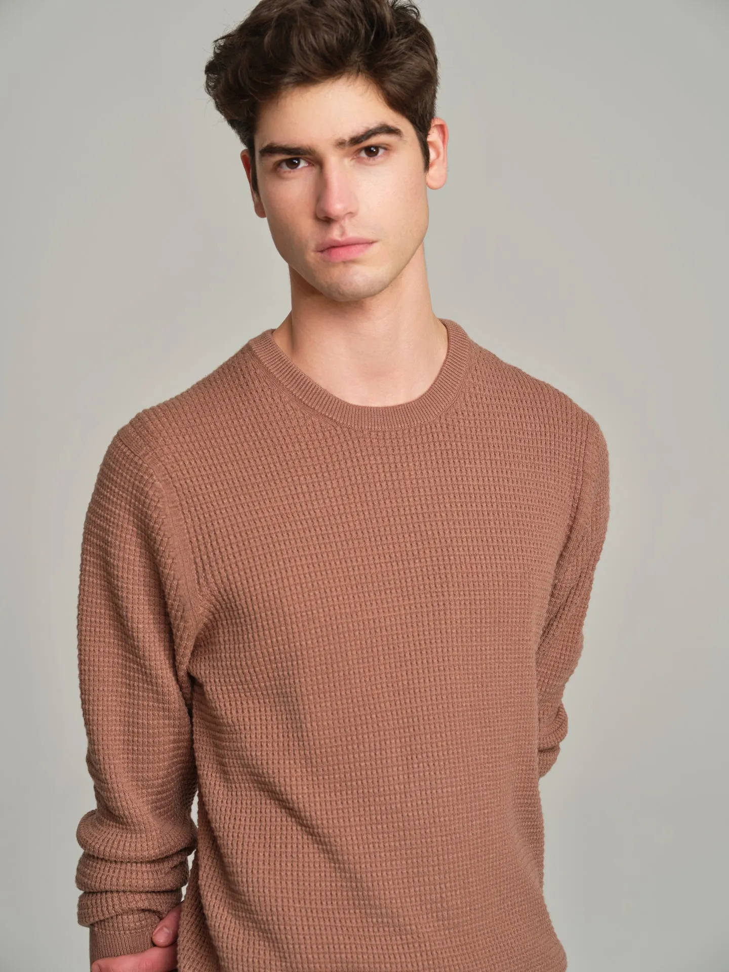 Long sleeve crew neck sweater with waffle knitting