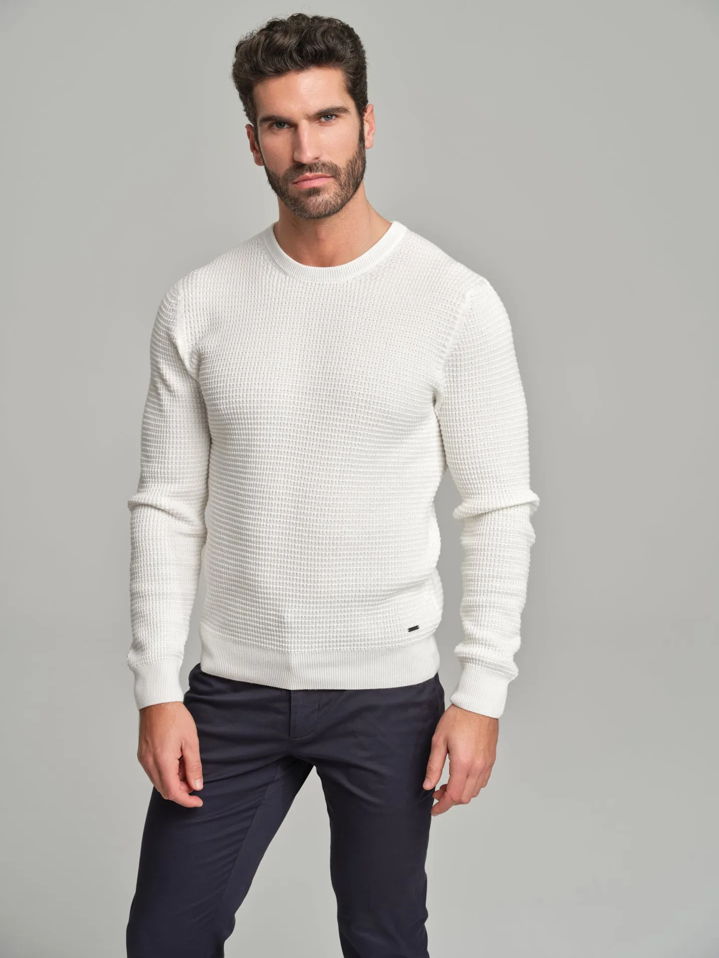 Long sleeve crew neck sweater with waffle knitting