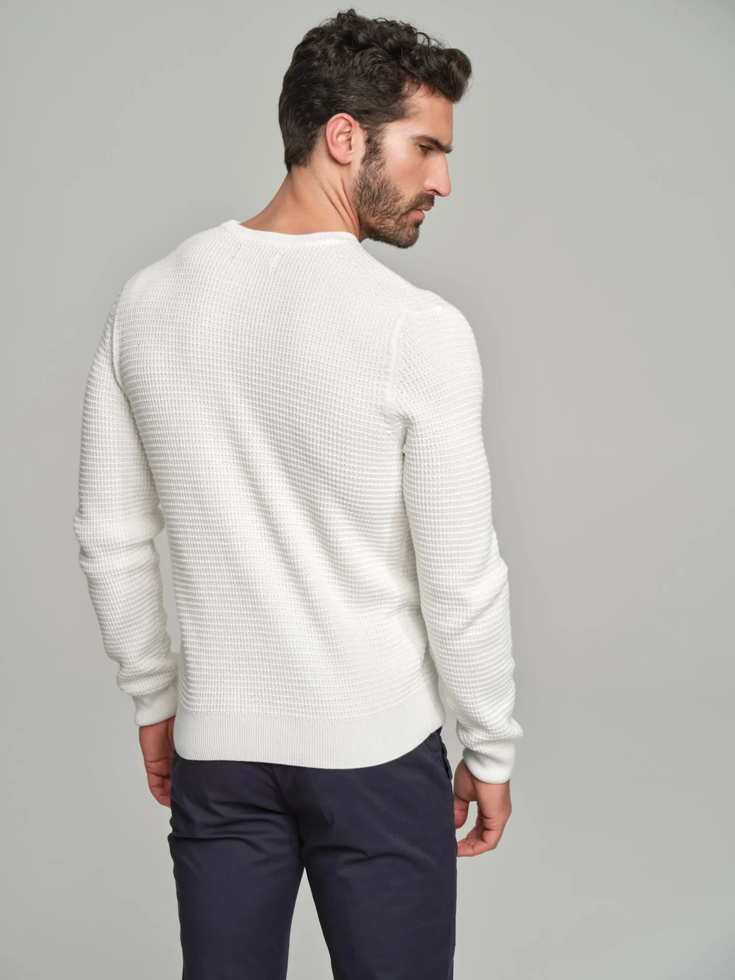 Long sleeve crew neck sweater with waffle knitting