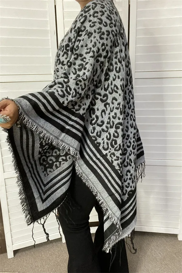 LW11392 Grey &black leopard knitted women shawl w/tassels&fringe