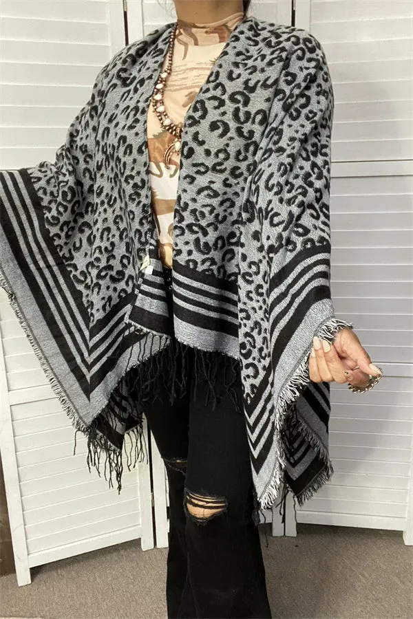 LW11392 Grey &black leopard knitted women shawl w/tassels&fringe