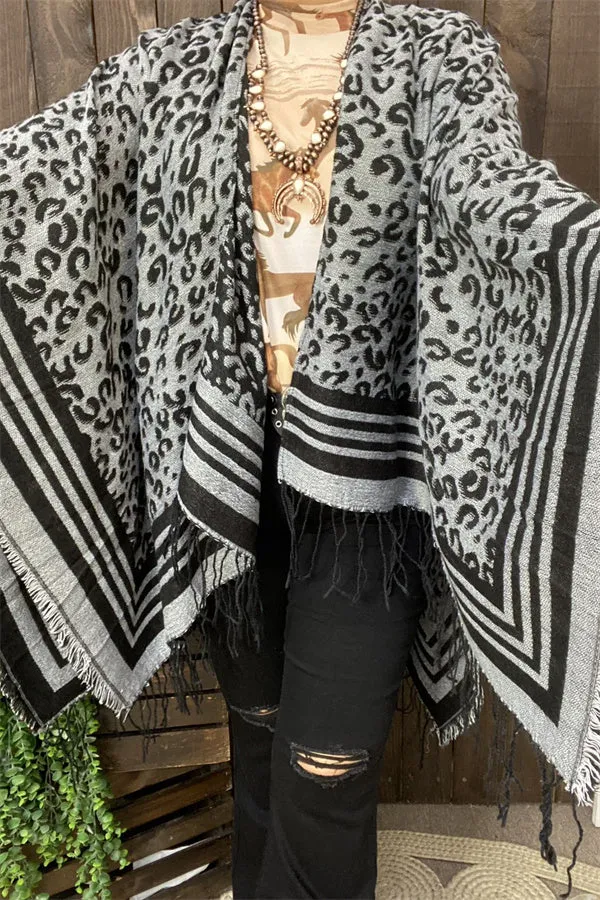 LW11392 Grey &black leopard knitted women shawl w/tassels&fringe