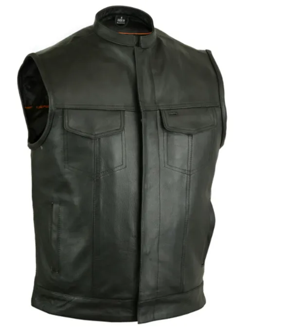 Men's Banded Collar Motorcycle Vest Single Panel Back With Gun Pockets