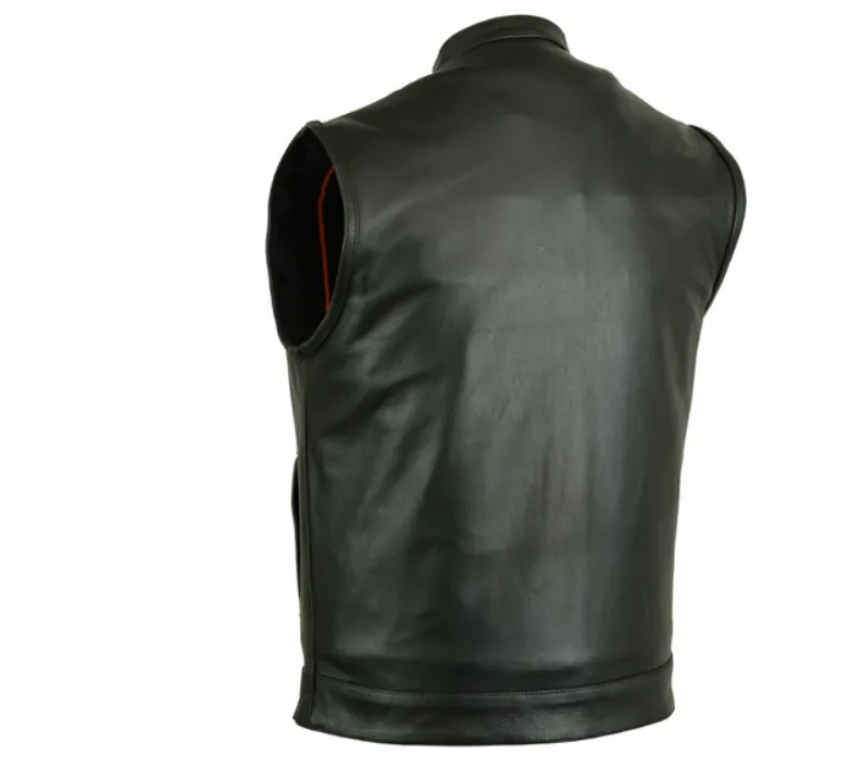 Men's Banded Collar Motorcycle Vest Single Panel Back With Gun Pockets