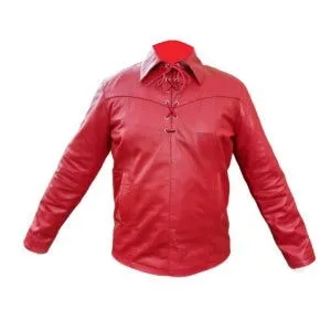 Men's Red Leather Pullover Shirt Cow Sheep Leather - PULL1