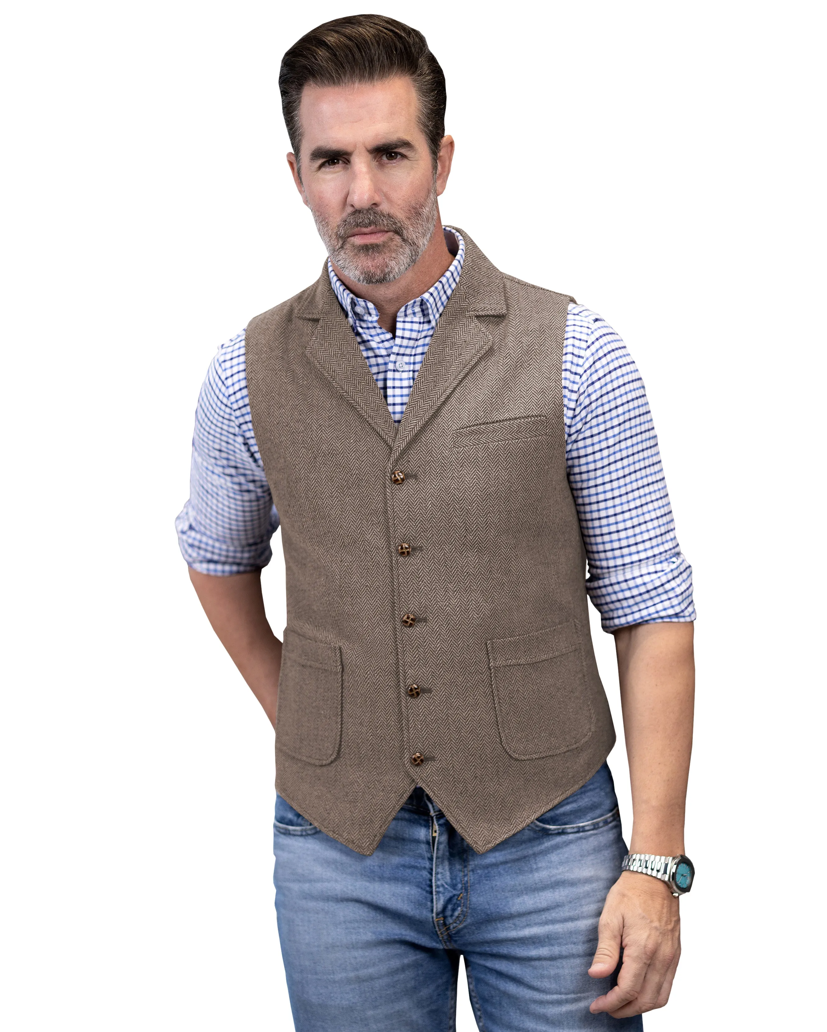 Men's Slim Fit Tweed Herringbone Notch Lapel Waistcoat