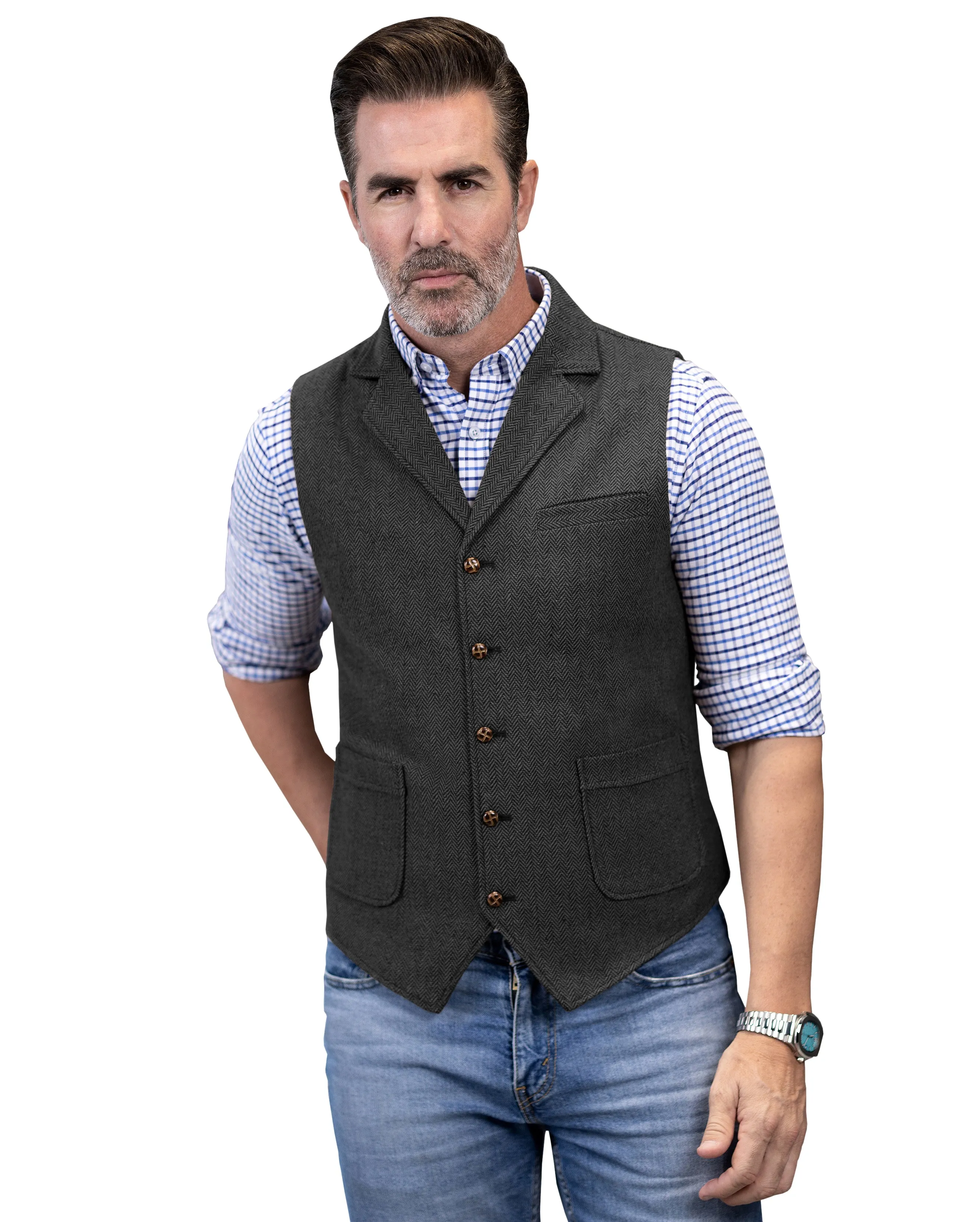 Men's Slim Fit Tweed Herringbone Notch Lapel Waistcoat