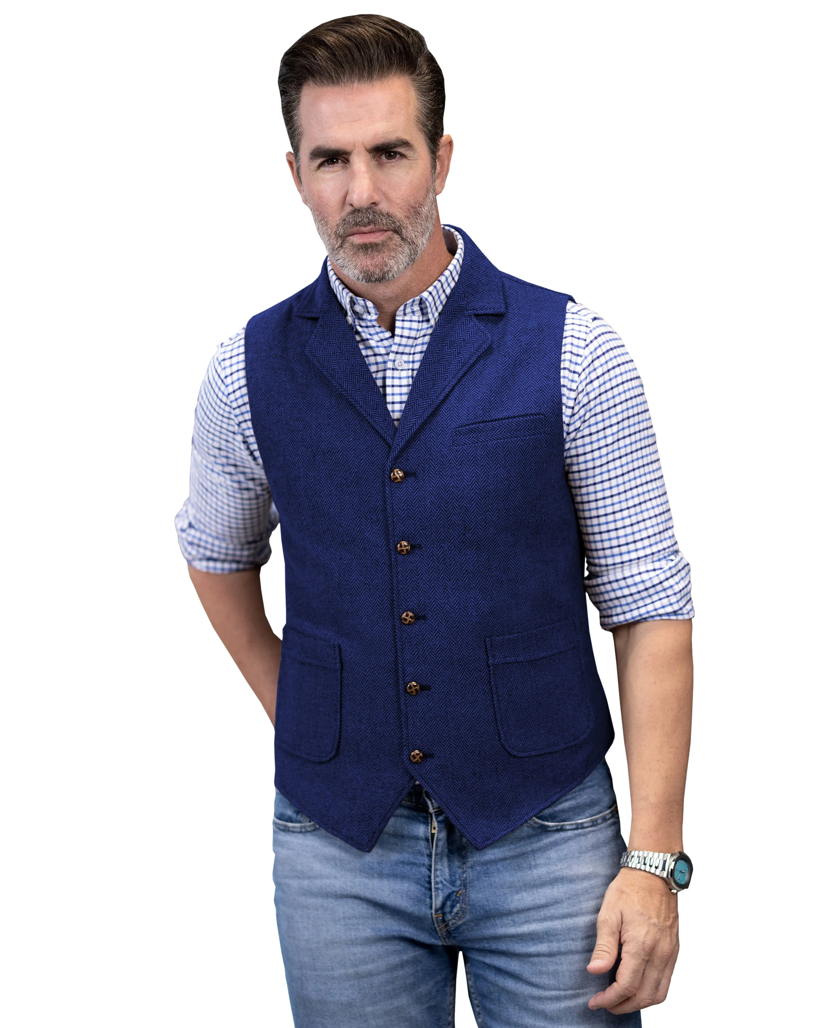 Men's Slim Fit Tweed Herringbone Notch Lapel Waistcoat