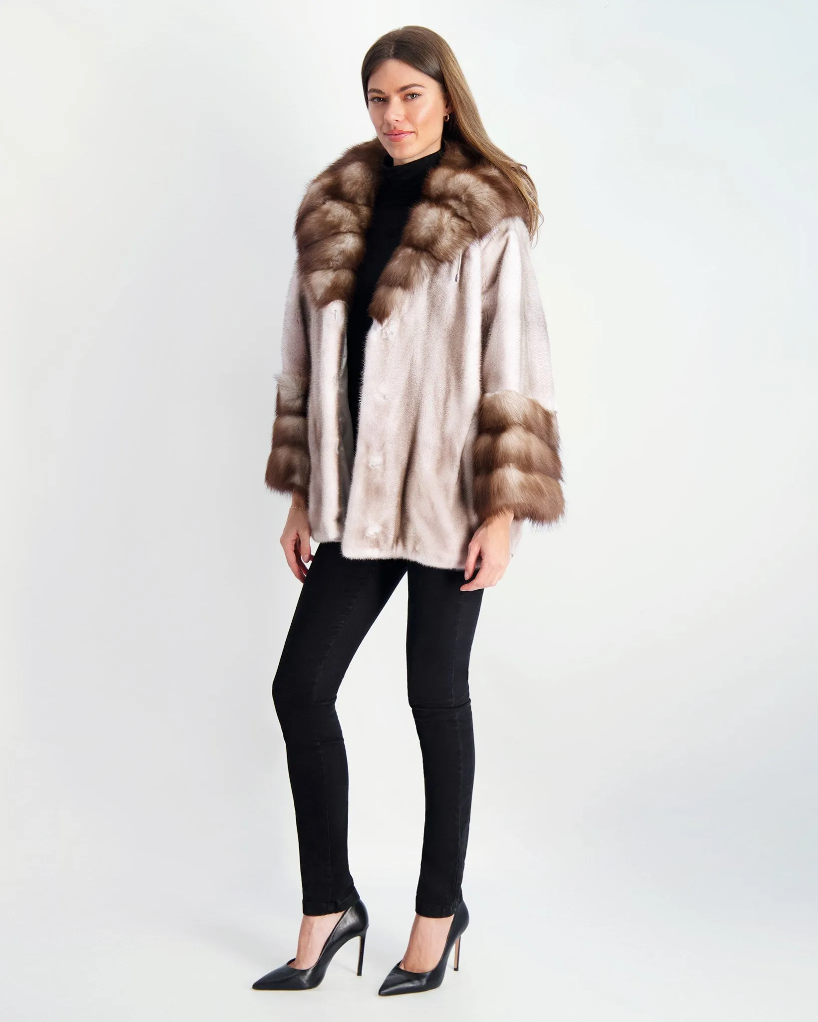 Mink Jacket with Stone Marten Collar and Cuffs