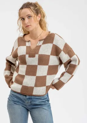 Mocha Checkered Split Neck Pullover