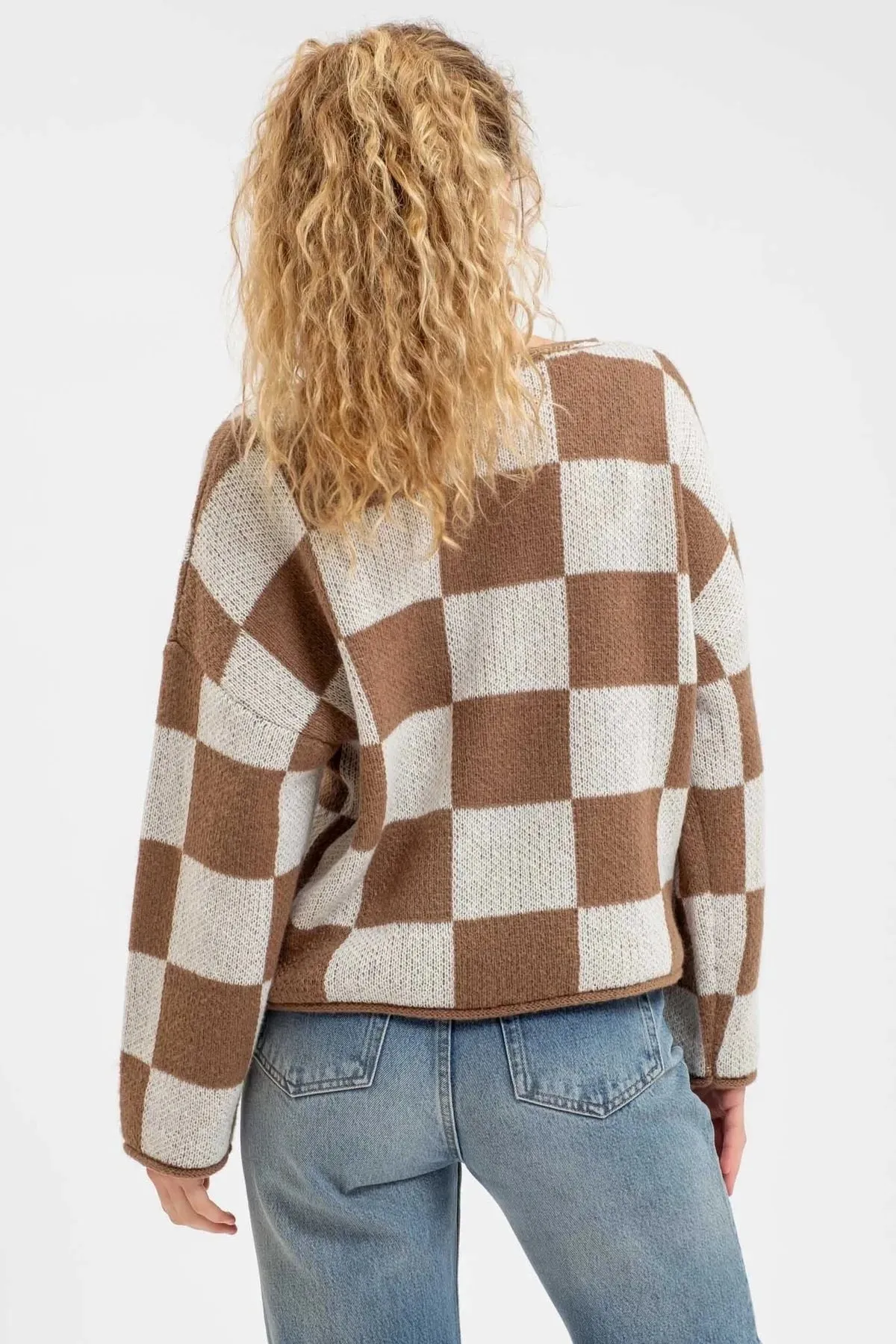 Mocha Checkered Split Neck Pullover