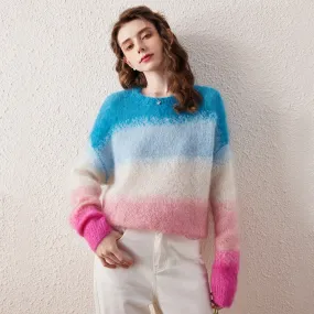 Mohair Gradient Color Block Fluffy Knit Sweater