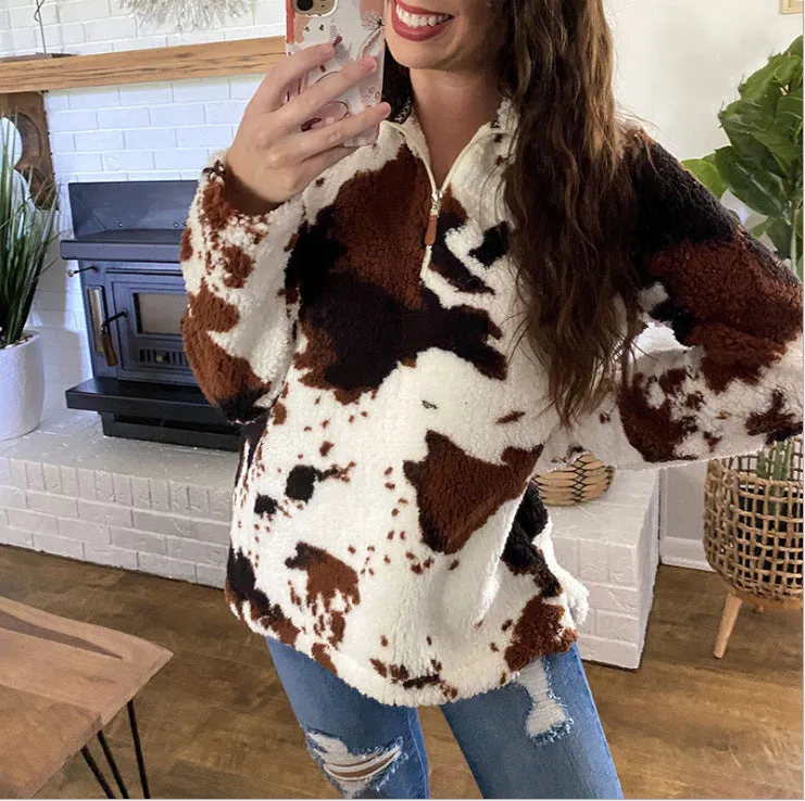 New Autumn and Winter Leisure Fashion Plush Coat Female Cow Printed Zipper Sweater