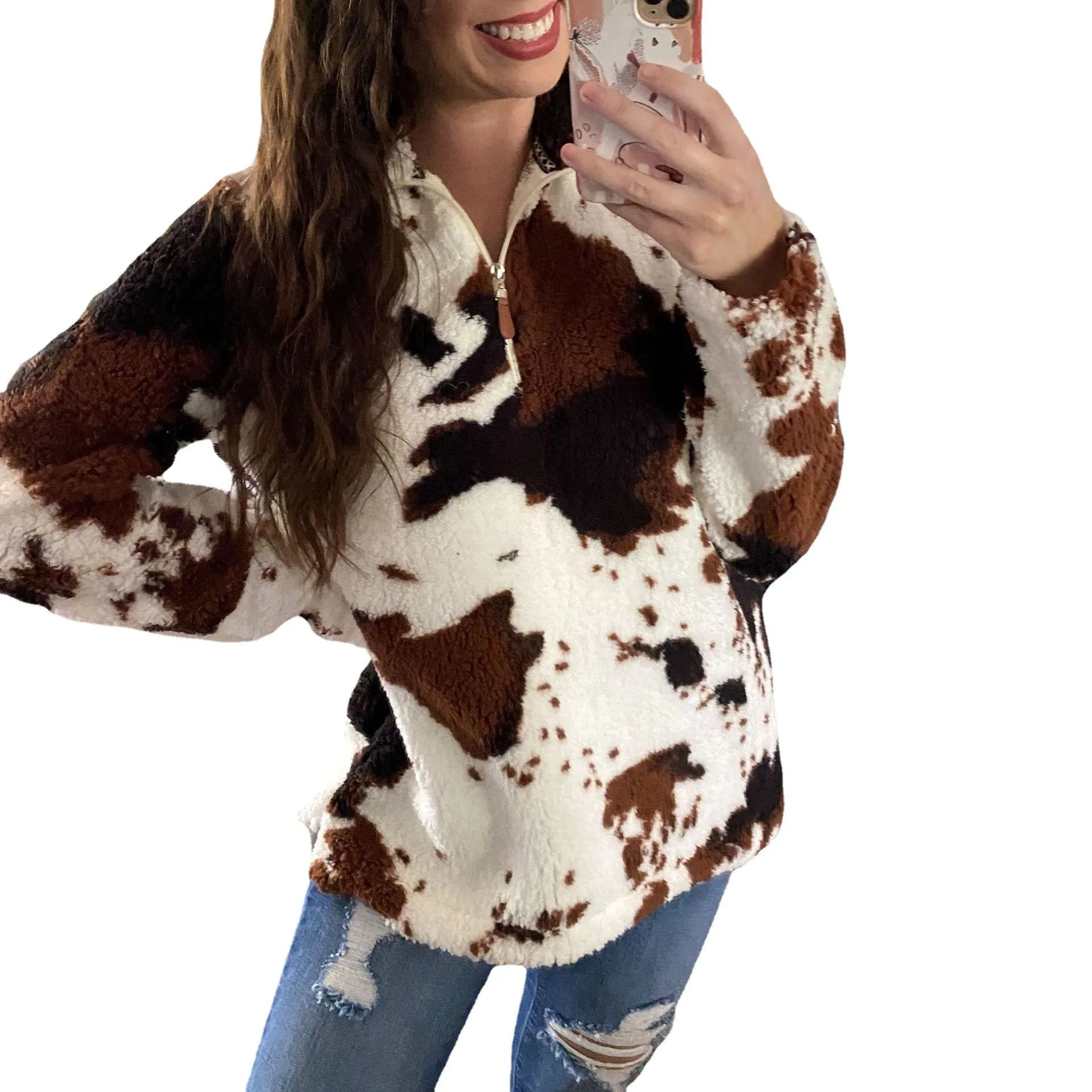 New Autumn and Winter Leisure Fashion Plush Coat Female Cow Printed Zipper Sweater