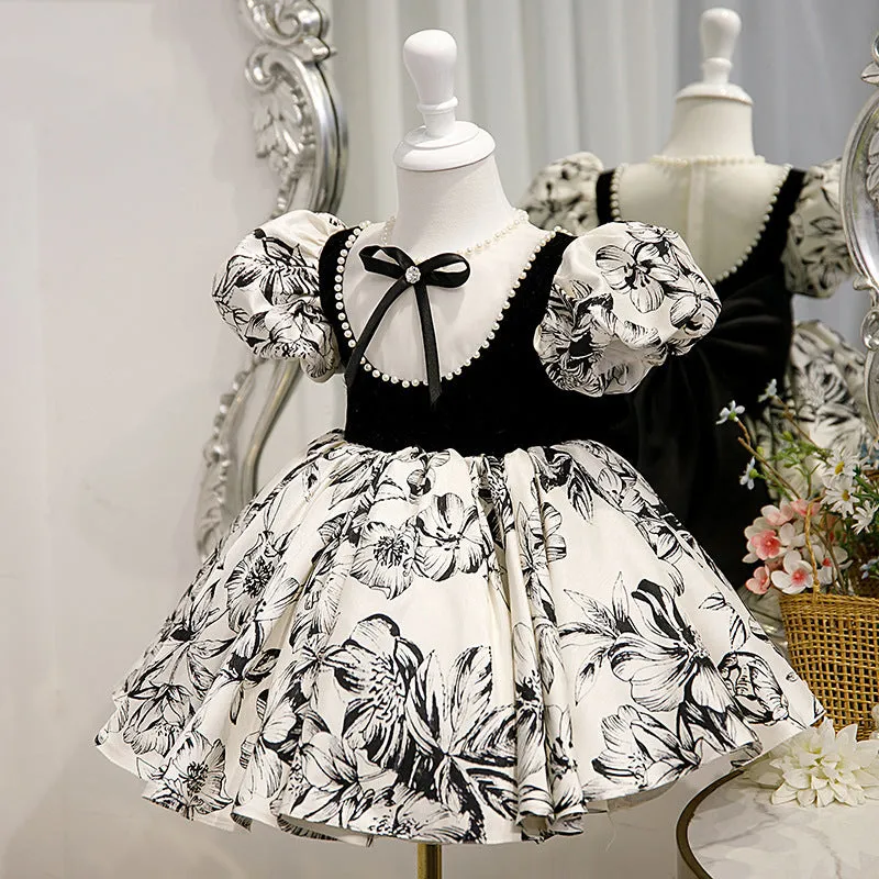 One Year Old Celebration Dress Princess Dress 2024 New Children Host Costume for Piano Performance Birthday Baby Girl Black Dress