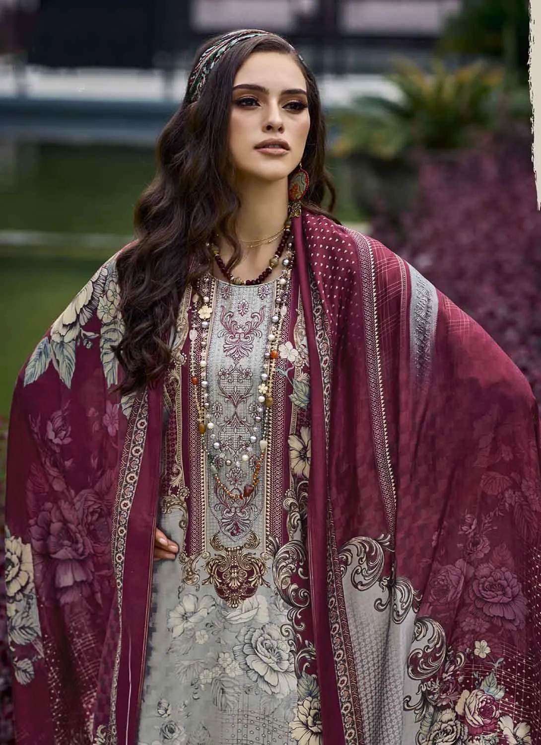 Pakistani Print Pashmina Grey Unstitched Winter Suits for Women