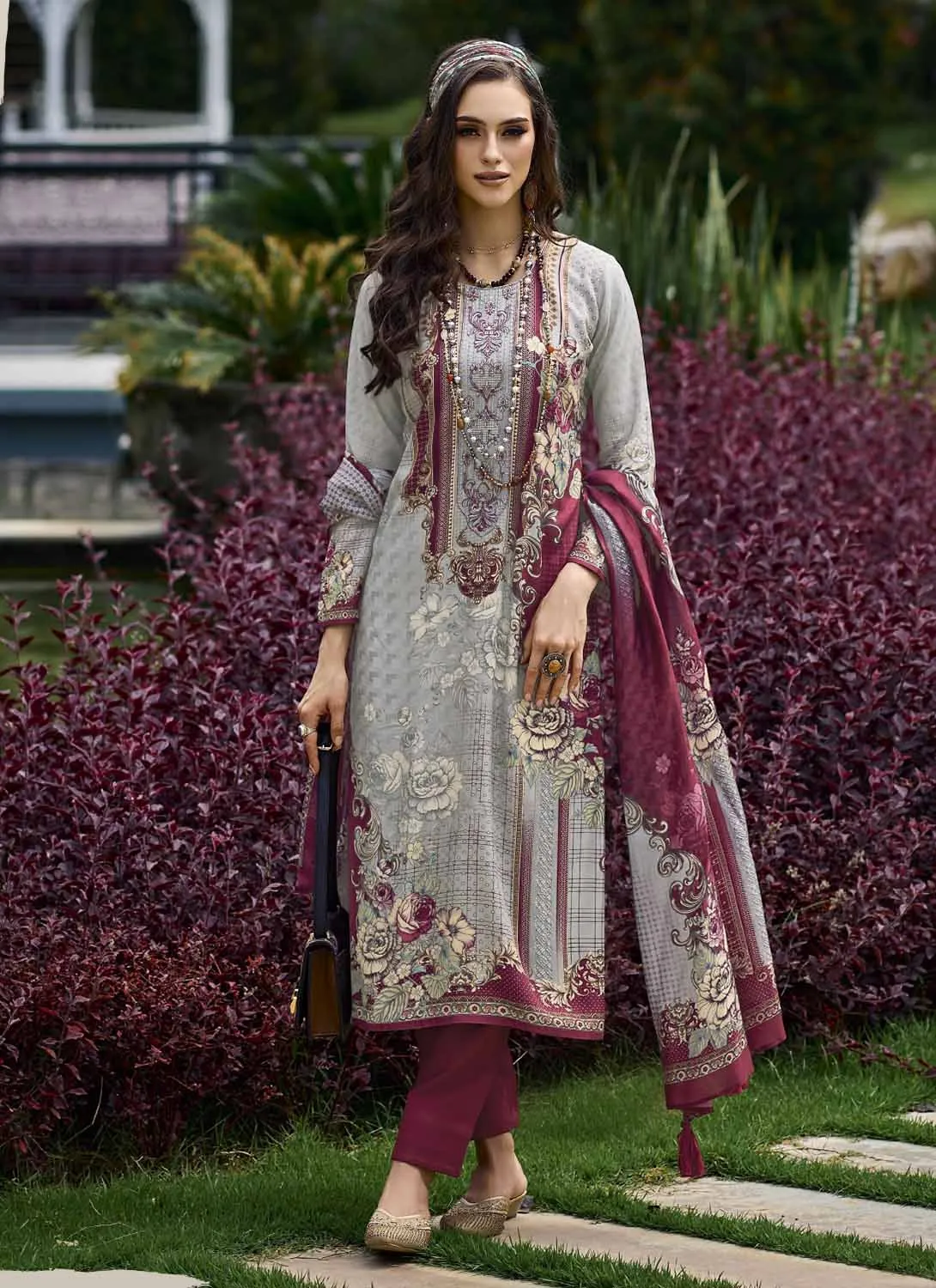 Pakistani Print Pashmina Grey Unstitched Winter Suits for Women