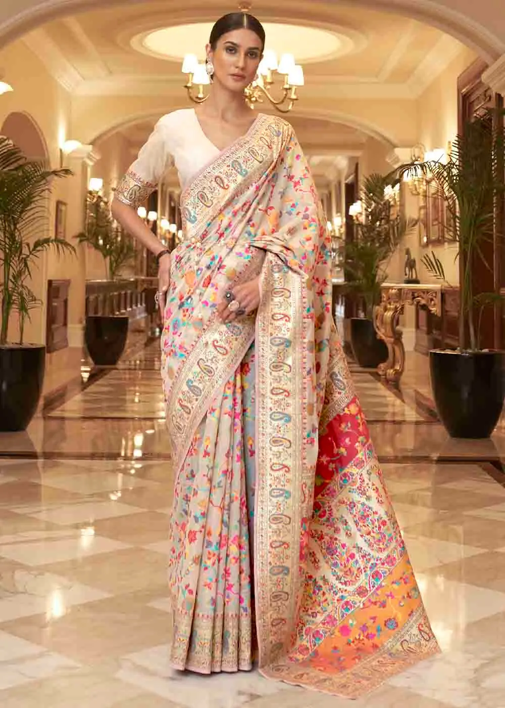 Parchment White Banarasi Jamawar Woven Silk Saree